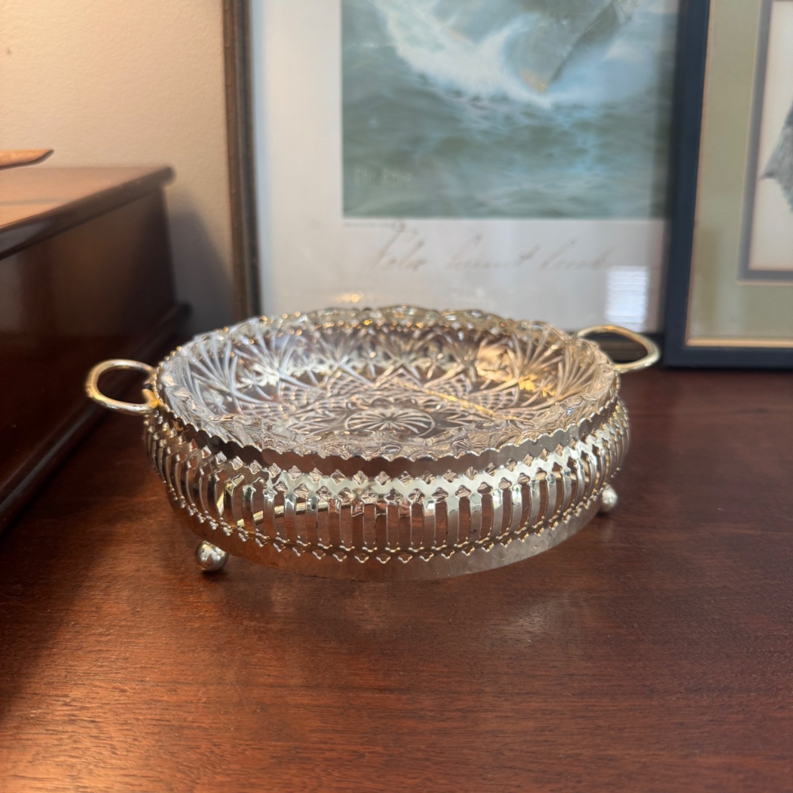 Vintage Hollywood Regency Glass Candy Dish Brass Gallery Wire Basket Footed Bowl