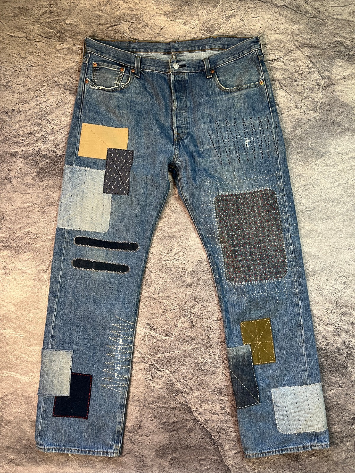 Unique Levi\'s 501 Sashiko Patchwork Custom Jeans - W38 L32 by Stia.Custom