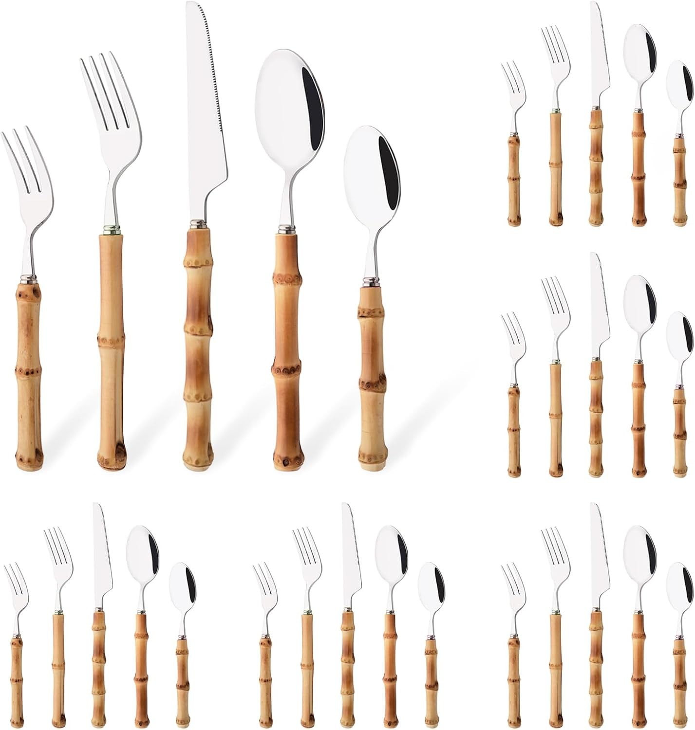 30PCS Silverware Set for 6, Bamboo Handle Flatware Set, Stainless Steel Cutlery 