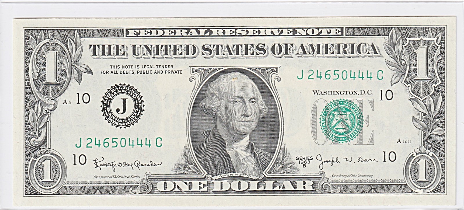 1963 B - $1 Federal Reserve Note - Joseph W. Barr UNC. Very Nice Note #716 1963 B - $1 Federal Reserve Note - Joseph W. Barr UNC. Very Nice Note #716