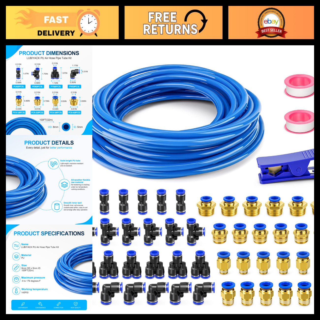50PCS Blue PU Air Hose Tube Kit, 8mm OD 5mm ID, 100FT Flexible Pneumatic Line 50PCS Blue PU Air Hose Tube Kit, 8mm OD 5mm ID, 100FT Flexible Pneumatic Line