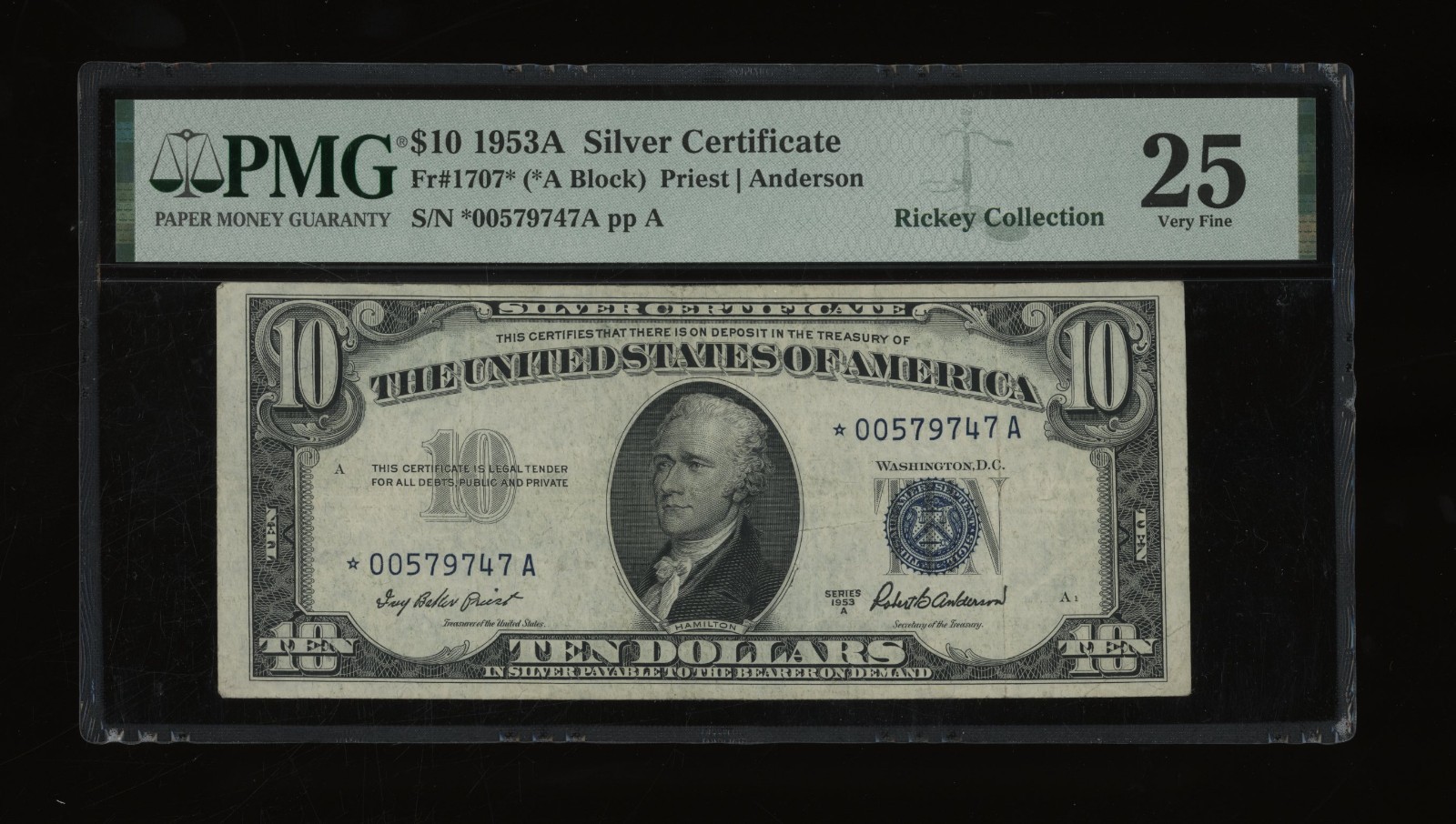 DBR 1953-A $10 Silver STAR Fr. 1707* PMG 25 Serial *00579747A