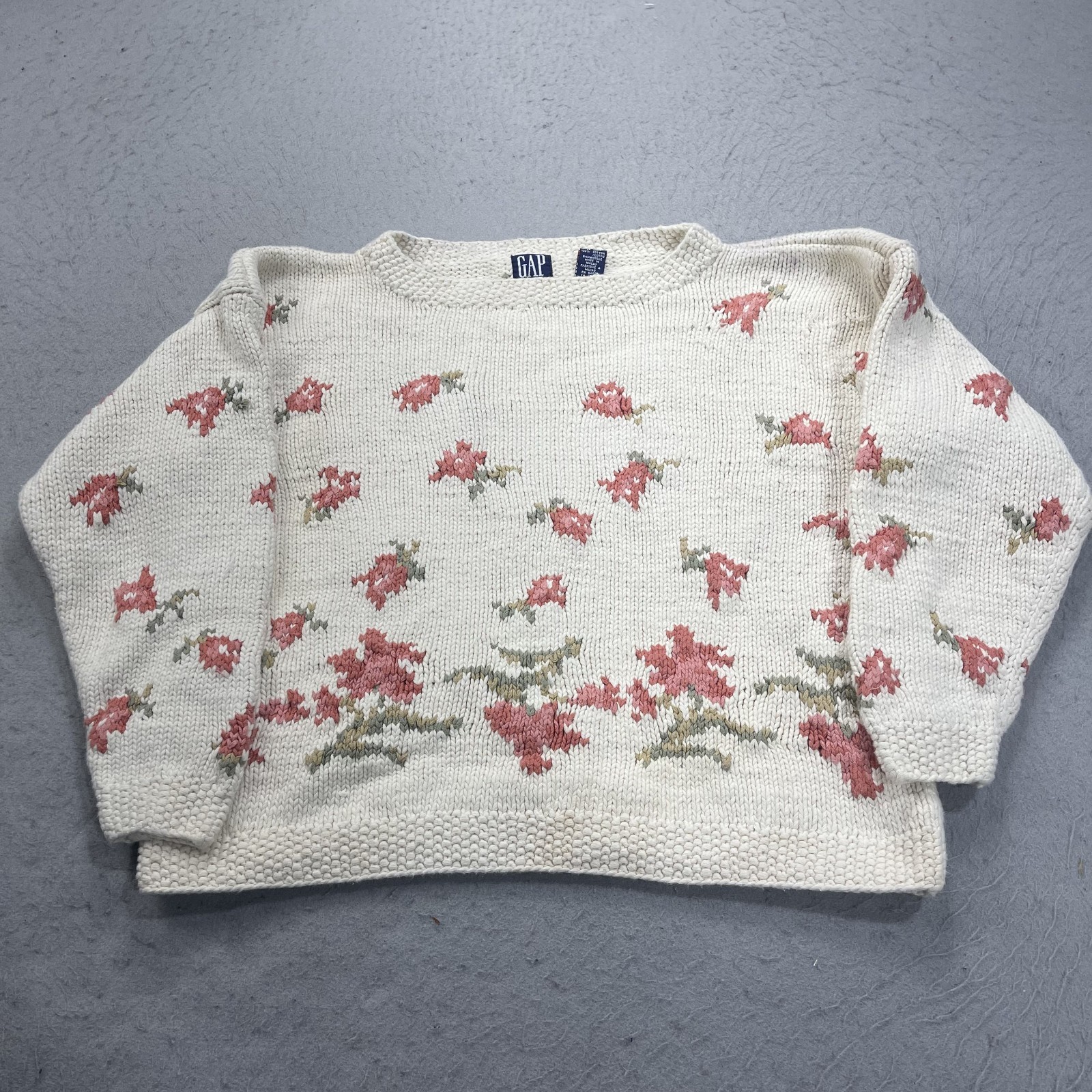 VINTAGE GAP Sweater Womens Small White Floral Handknit Grandma Crewneck 80s 90s