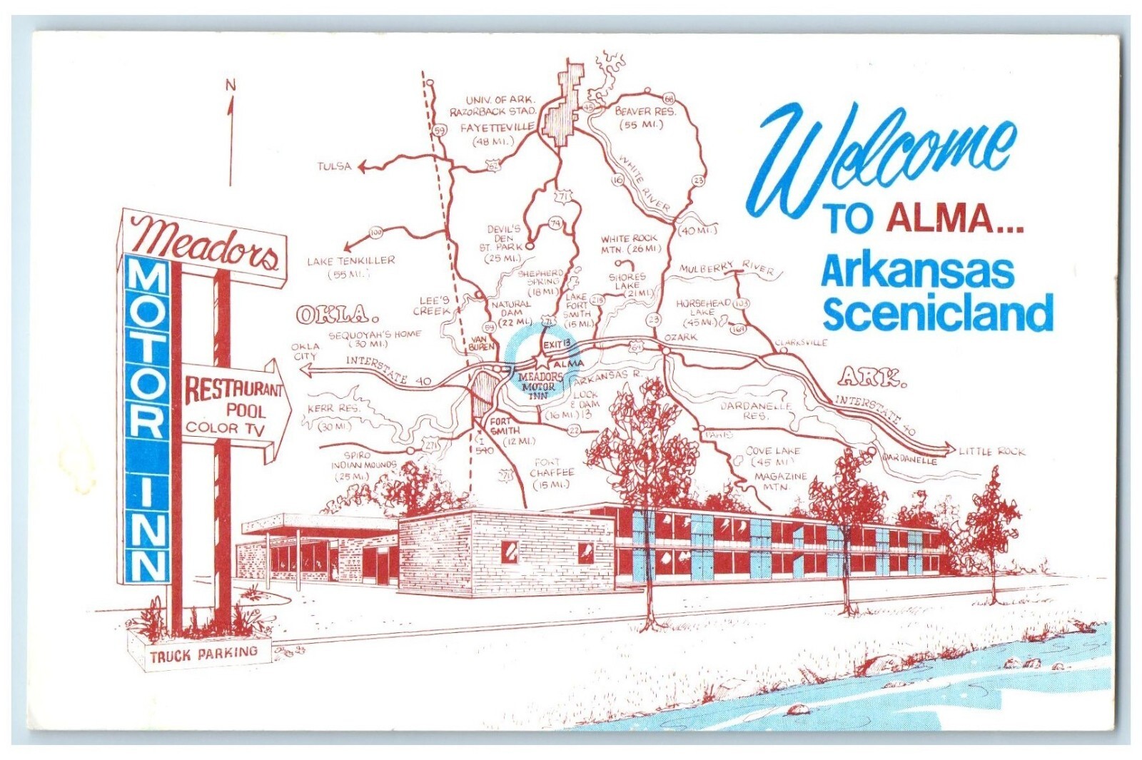 c1960\'s Meadors Motor Inn Restaurant Map Alma Arkansas AR Vintage Postcard