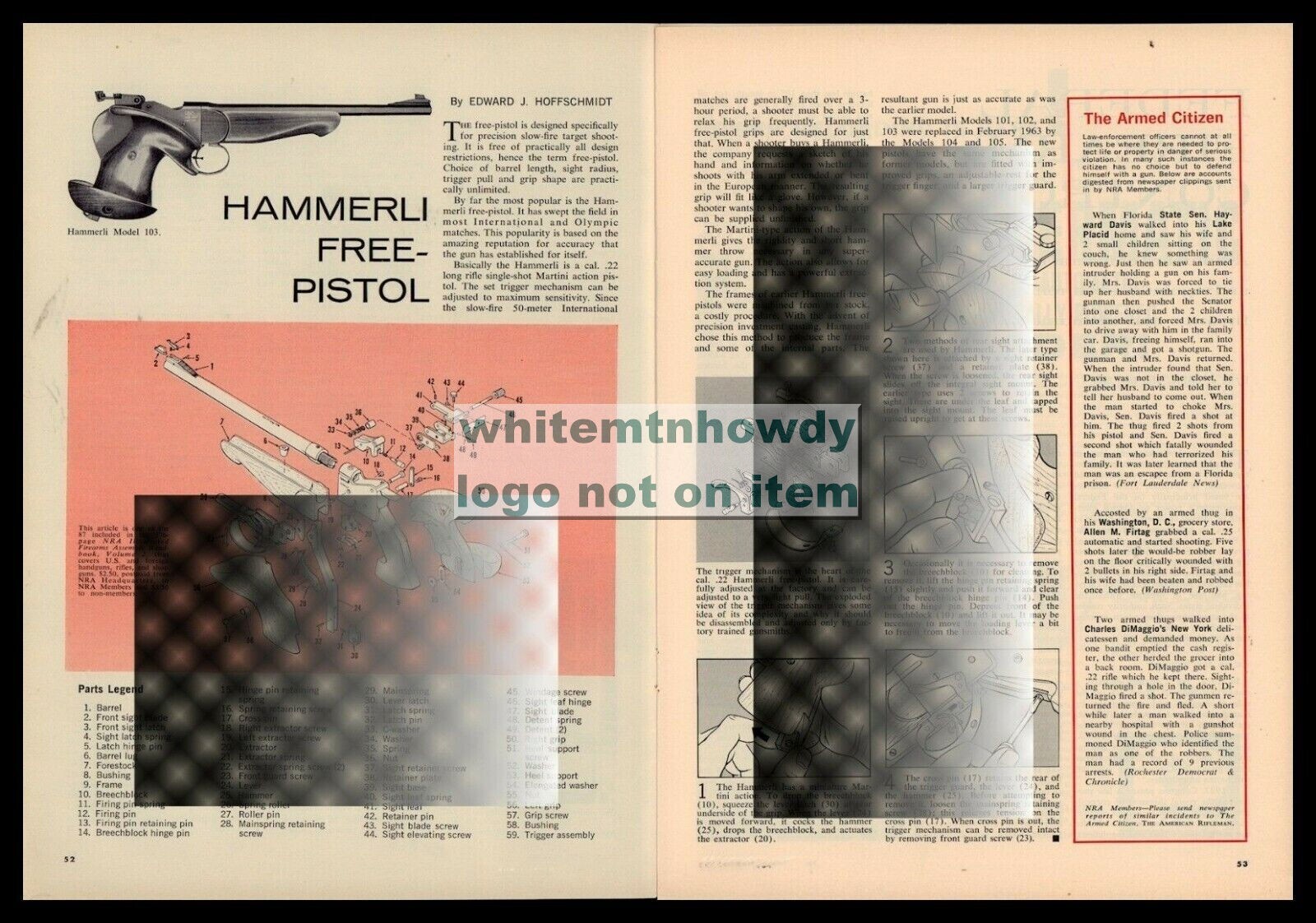 1964 HAMMERLI Free Pistol Exploded View Parts List Disassembly Assembly Article