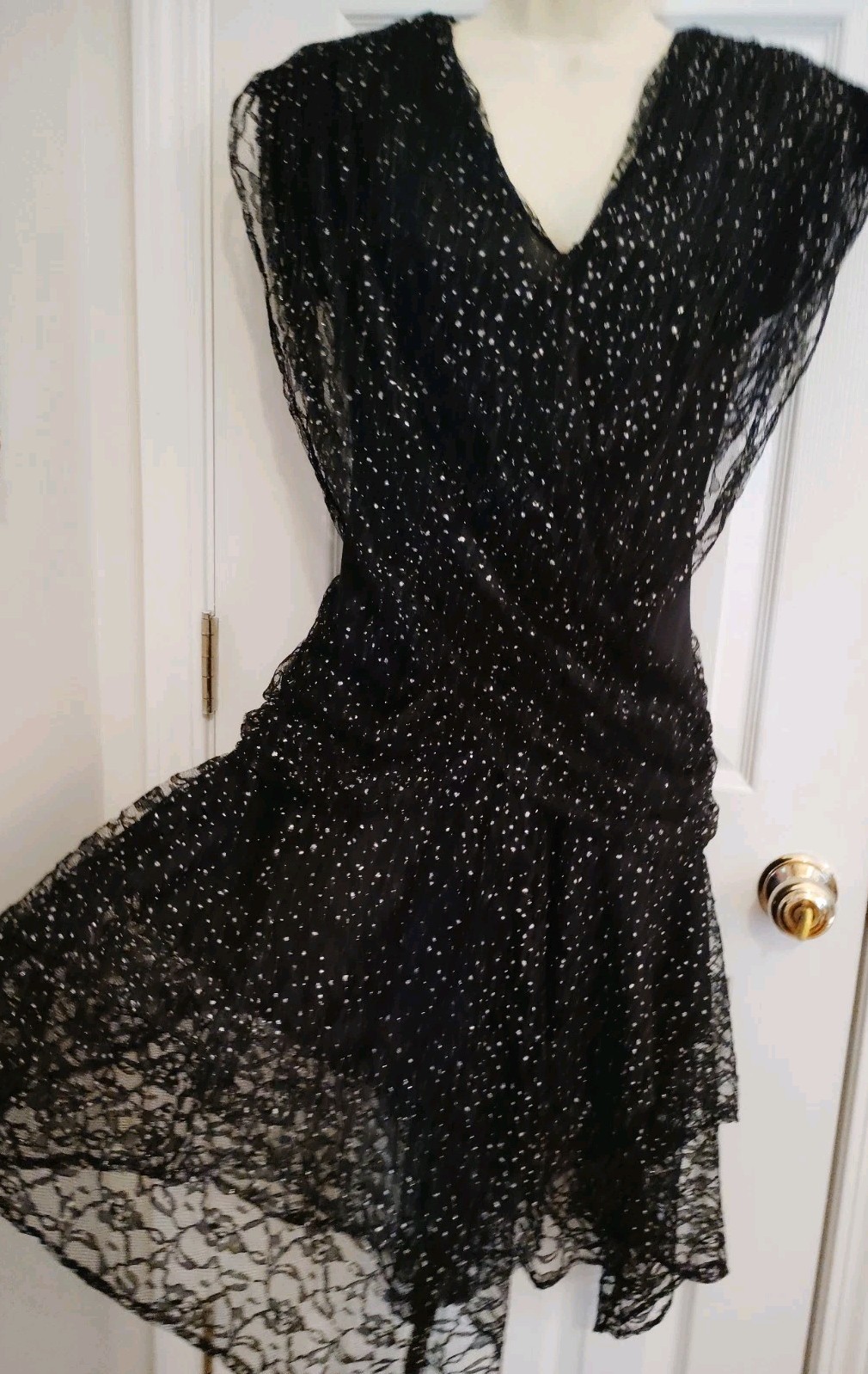 VTG PUNK GOTH FAIRY MADONNA dress black silver lace layers handkerchief 8/10 USA