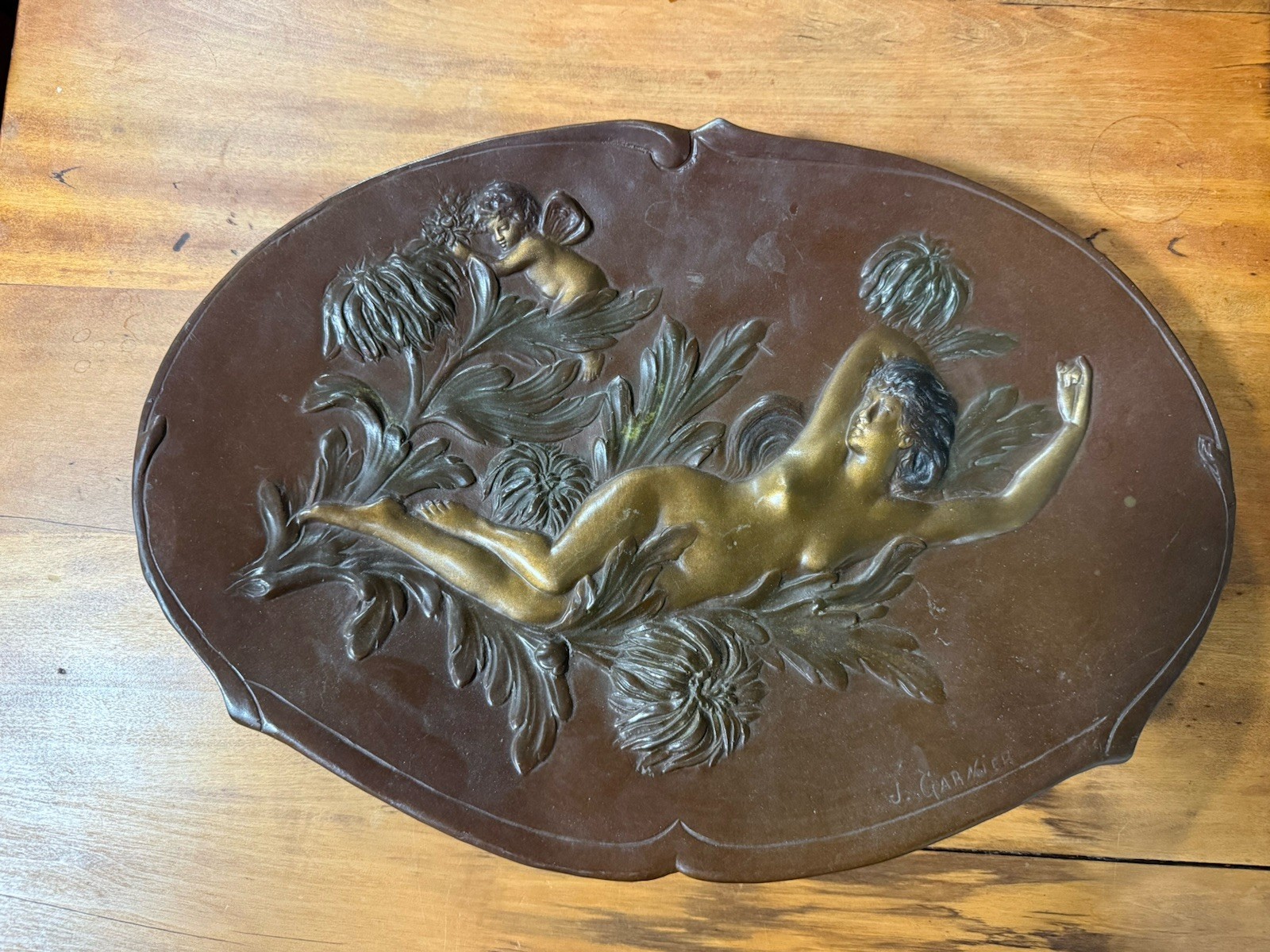Antique Jean Garnier Art Nouveau Pewter Figural Dish Nymph Cherub Signed c1900