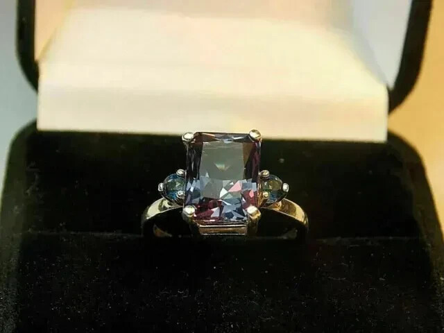 2Ct Emerald Cut Natural Alexandrite Solitaire Wedding Ring 14k White Gold Plated