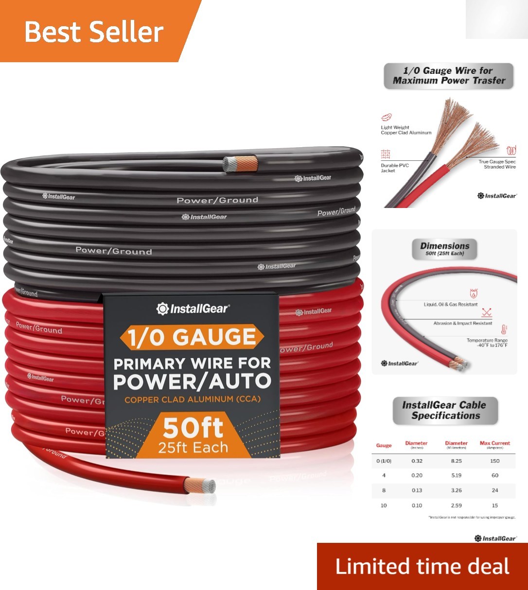 Versatile 50ft 1/0 Gauge CCA Battery & Speaker Wire - Ideal for Wiring Projects
