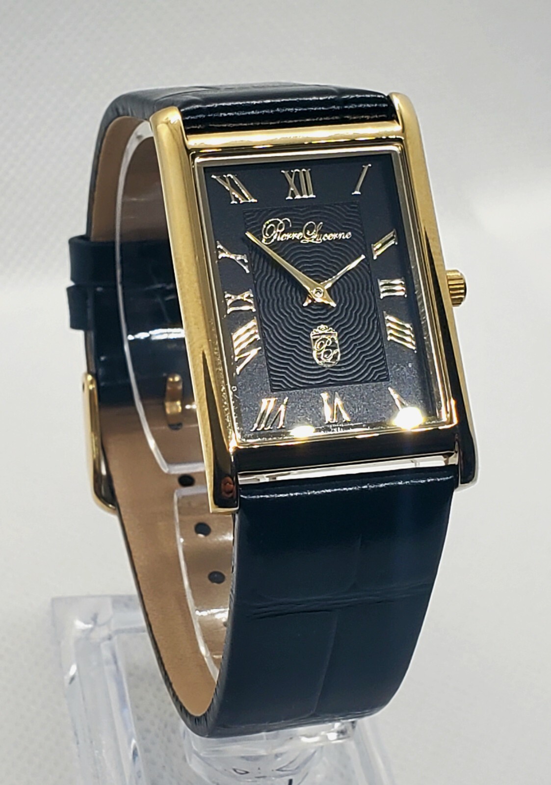 Authentic Pierre Lucerne SQ Slim Quartz Mens BLK Tank Dress Watch