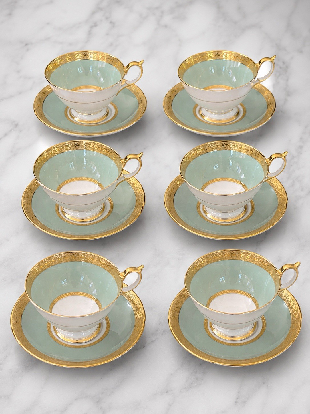 Aynsley Bone China Tea Cup & Saucer Set of 6 Montreal Green Gold MCM