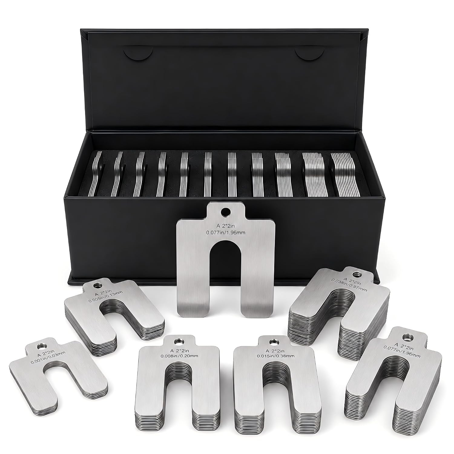 304 Stainless Steel Shim Kit, 100-Piece 2 X 2 Inch Slotted Shims | 10 Thicknesse 304 Stainless Steel Shim Kit, 100-Piece 2 X 2 Inch Slotted Shims | 10 Thicknesse