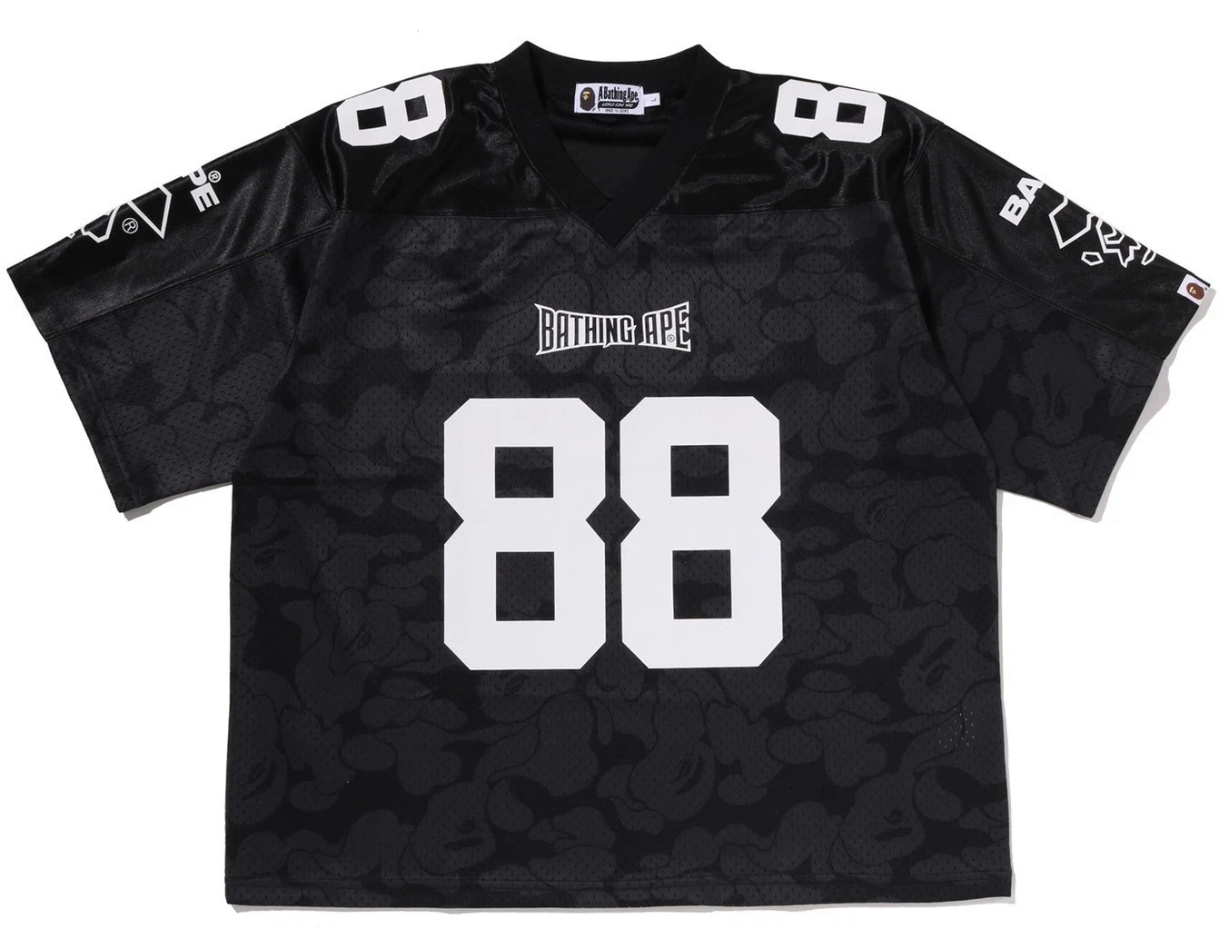 A BATHING APE Men\'s SOLID CAMO MULTI LOGO RELAXED FIT FOOTBALL JERSEY TEE