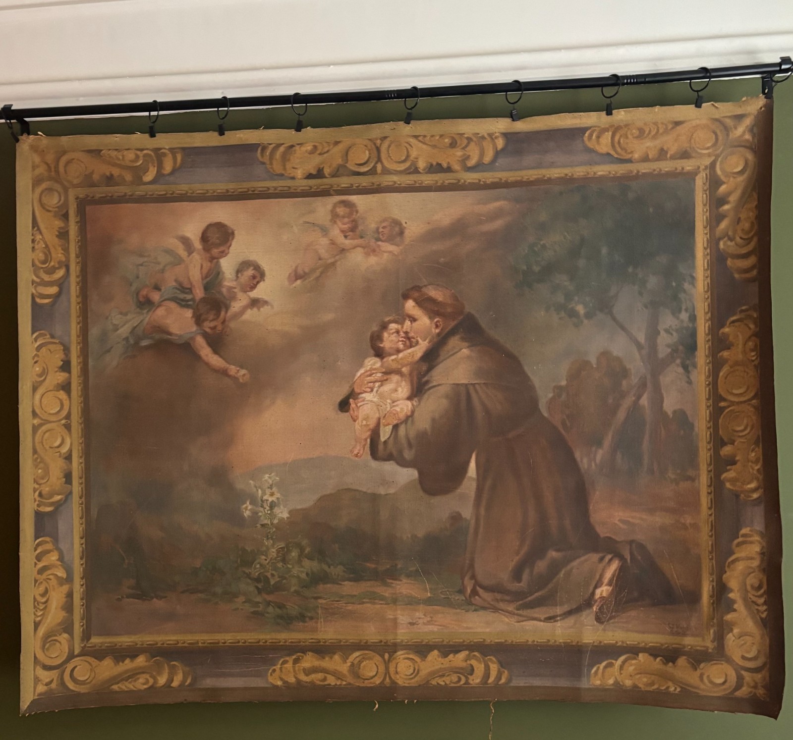 Large 19th C Spanish Oil Canvas Vision of St Anthony of Padua After Murillo 128x