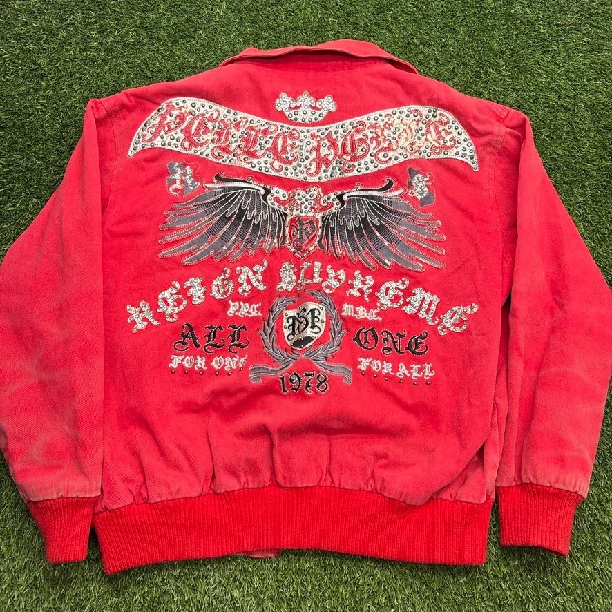 Vintage Pelle Pelle Reign Supreme Embroidered Studded Canvas Jacket Red Mens 2XL