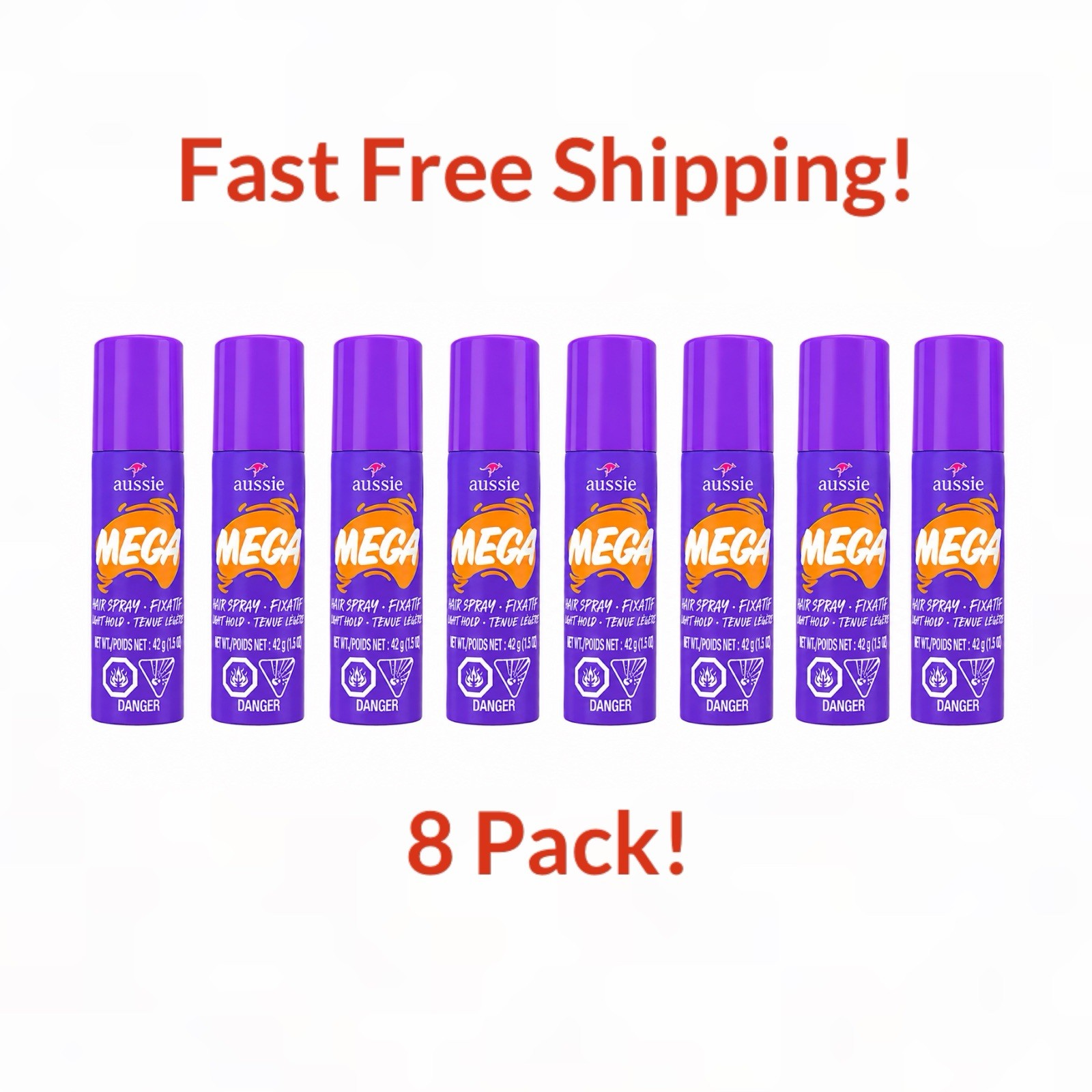 8 Pack Aussie Mega Hairspray Travel Size 1.5 Fl Oz Flexible Hold