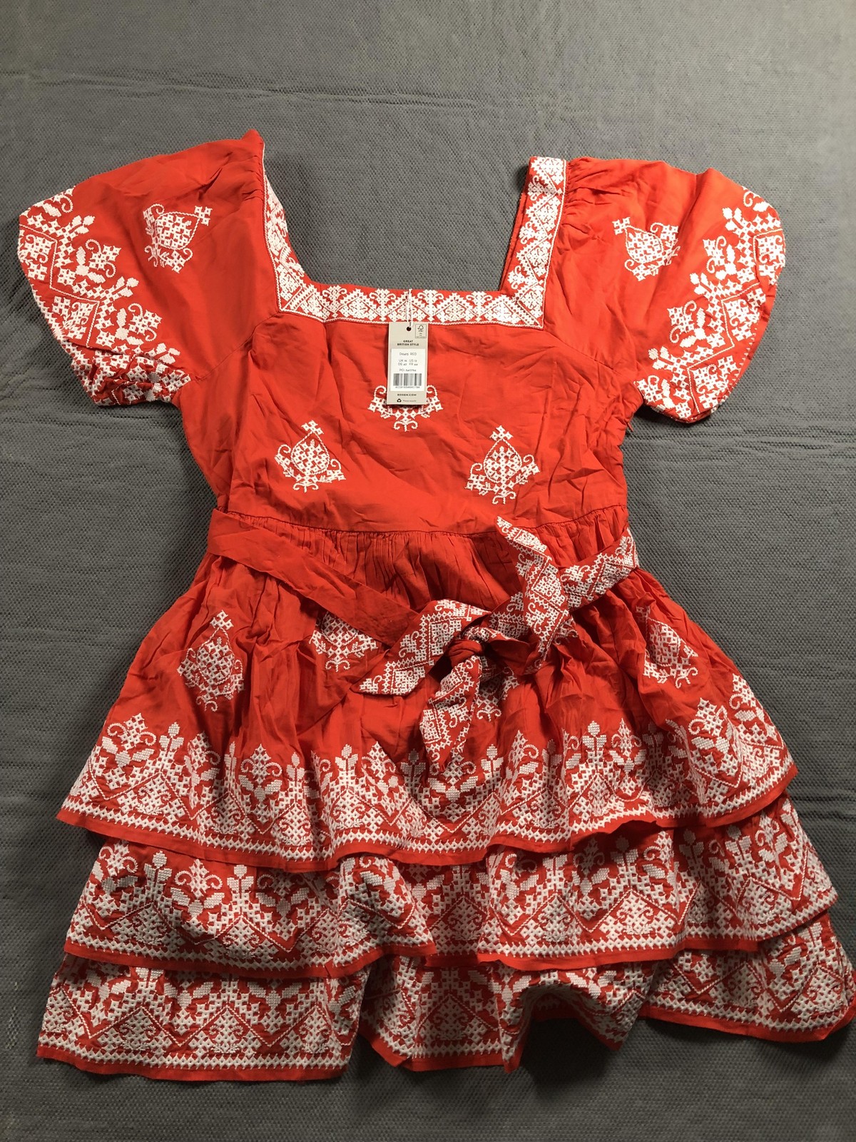 Boden Dress Womens 12 Red Floral Square Neck Puff Sleeve Belted Short NWT