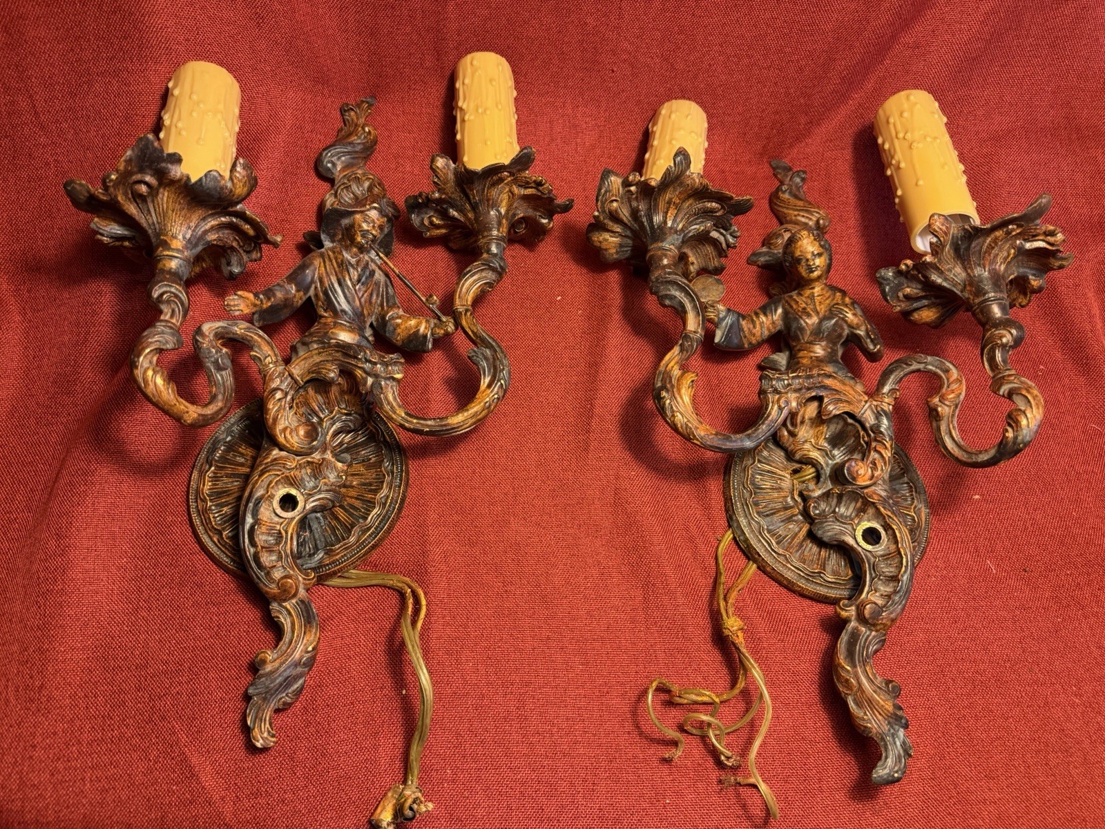 Antique Vintage Chinoiserie Bronze Figural Wall Sconces Pair French Style Antique Vintage Chinoiserie Bronze Figural Wall Sconces Pair French Style