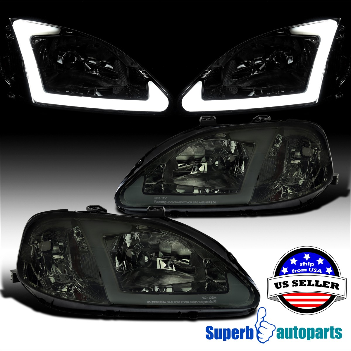 For 1999-2000 Honda Civic EK/EJ/EM Smoke Headlights Replacement  w/ LED Strip