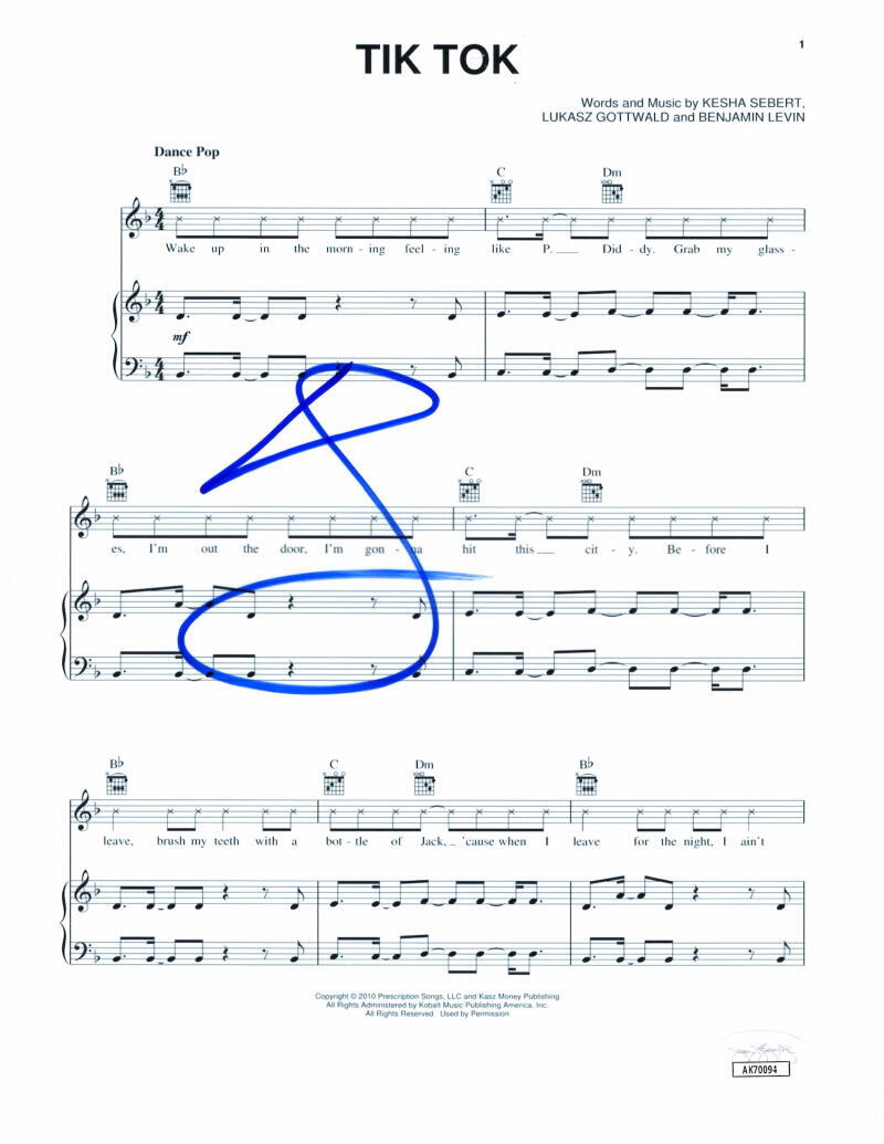 Kesha Rose Sebert Ke$ha Signed Autograph Tik Tok Sheet Music - Animal w/ JSA COA