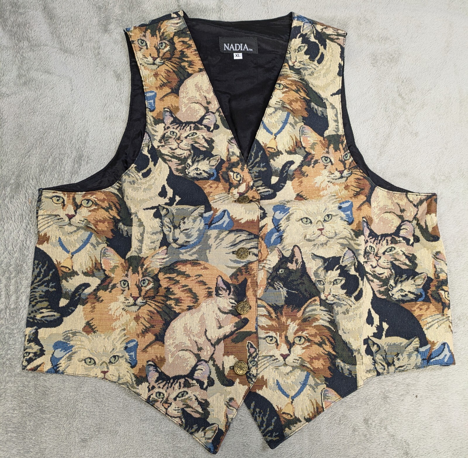 Vintage Nadia Embroidered KITTY CATS Tapestry Women\'s XL Grandmacore Vest NEW v2