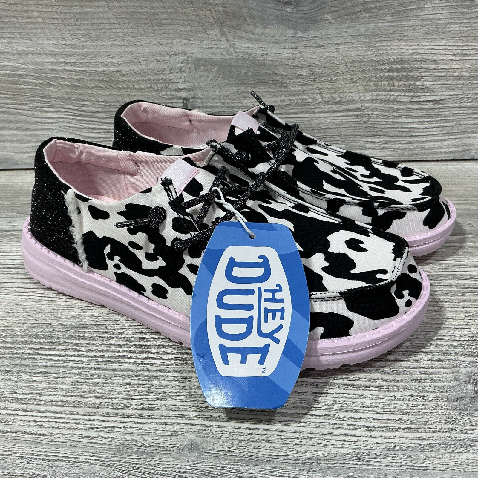 Hey Dude Wendy Funk Women\'s Black White Pink Cow Print Casual Shoes Size 7