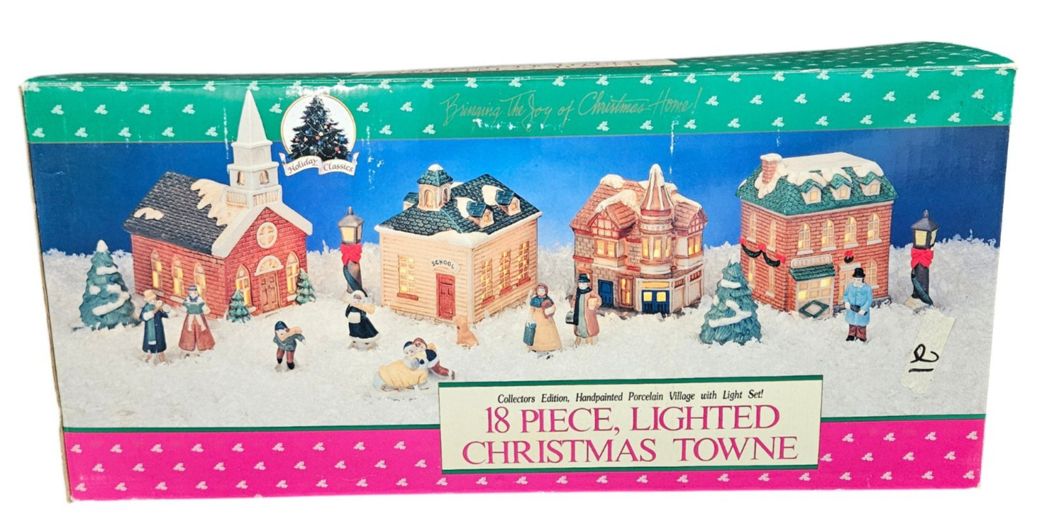 Vintage 1991 90s 18 Piece Lighted Christmas Towne Victorian Porcelain Village Vintage 1991 90s 18 Piece Lighted Christmas Towne Victorian Porcelain Village