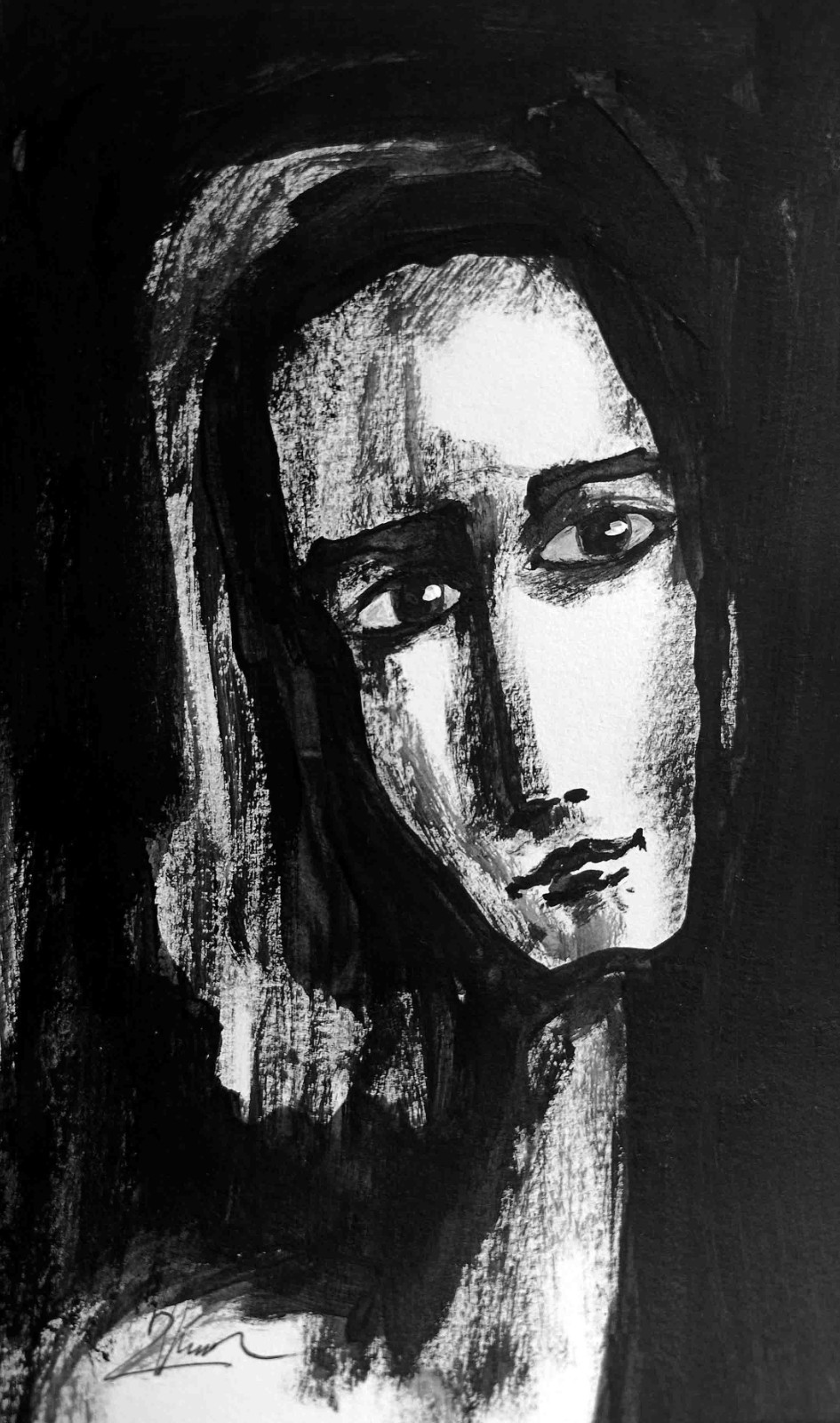 Original Acrylic Portrait on Paper A6 – Moody Black & White Face – Signed