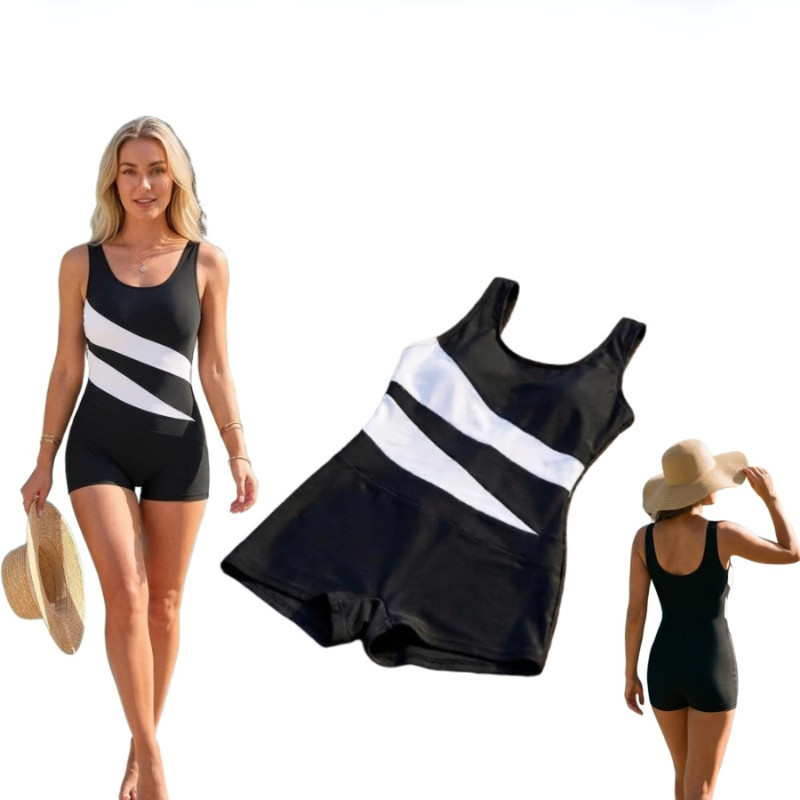 Women Striped‑Print Boyleg One‑Piece Swimsuit, Sleeveless U‑Neck Bathing Suit