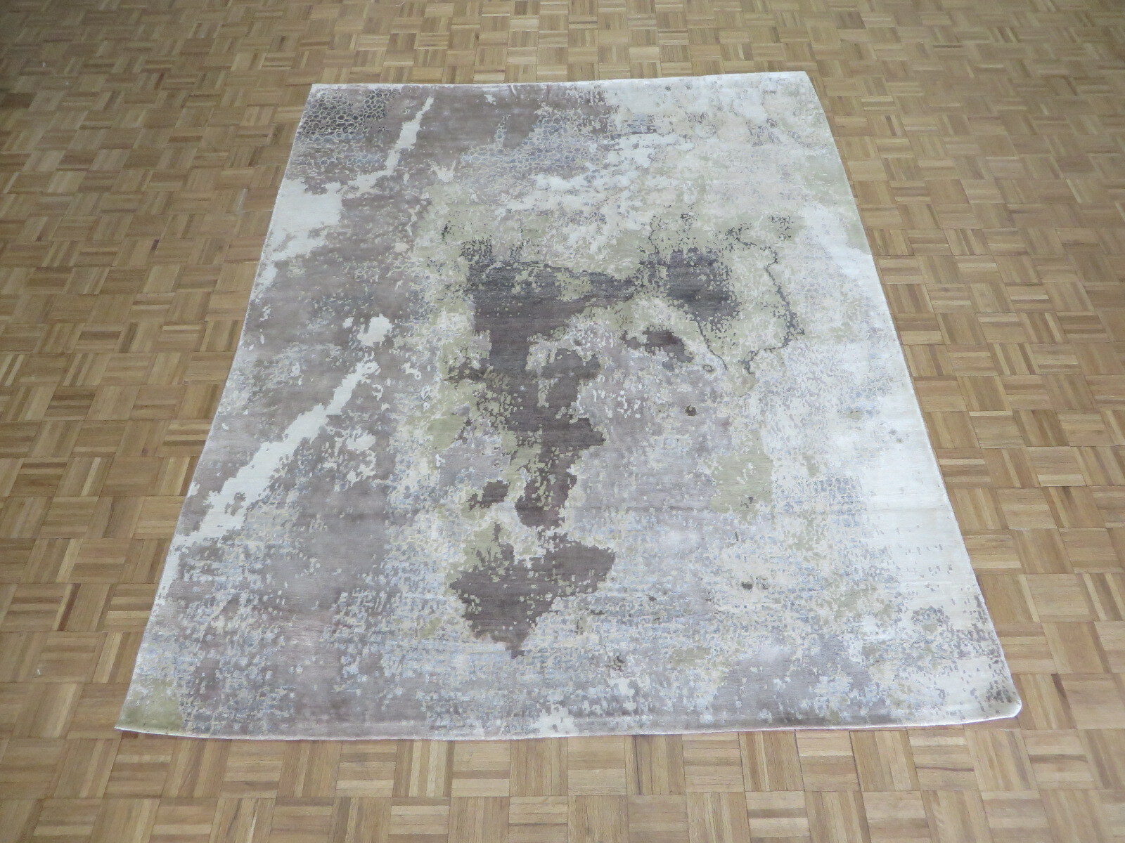 8\'1 x 10 Hand Knotted Modern Abstract Gray Oriental Rug With Silk G9228