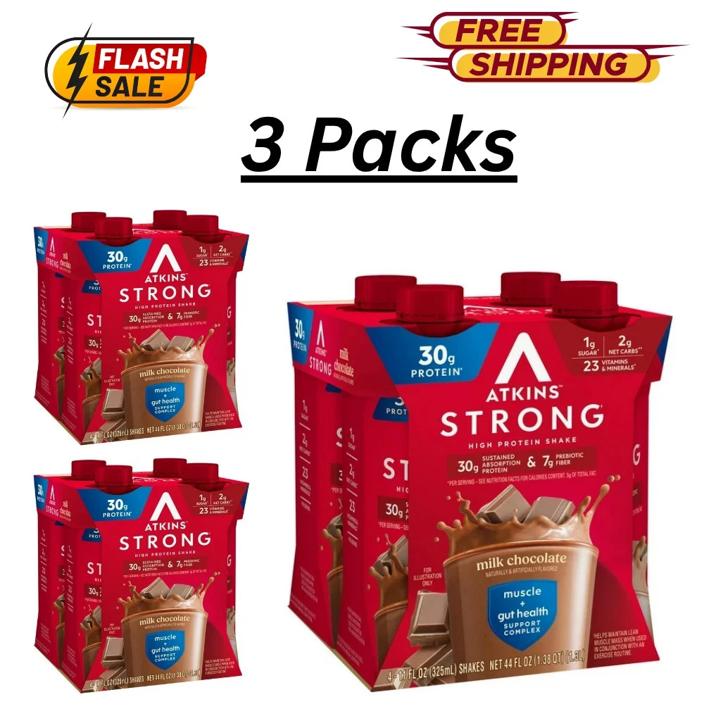 (3 Pack of 4 count) Atkins Strong High Protein Shake, Milk Chocolate, 30g (3 Pack of 4 count) Atkins Strong High Protein Shake, Milk Chocolate, 30g