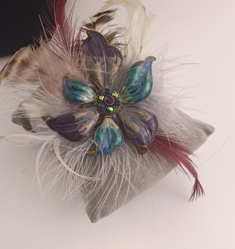 Vintage 1940s Teal & Purple Enameled Feathered Flower Crystal Brooch Vintage 1940s Teal & Purple Enameled Feathered Flower Crystal Brooch