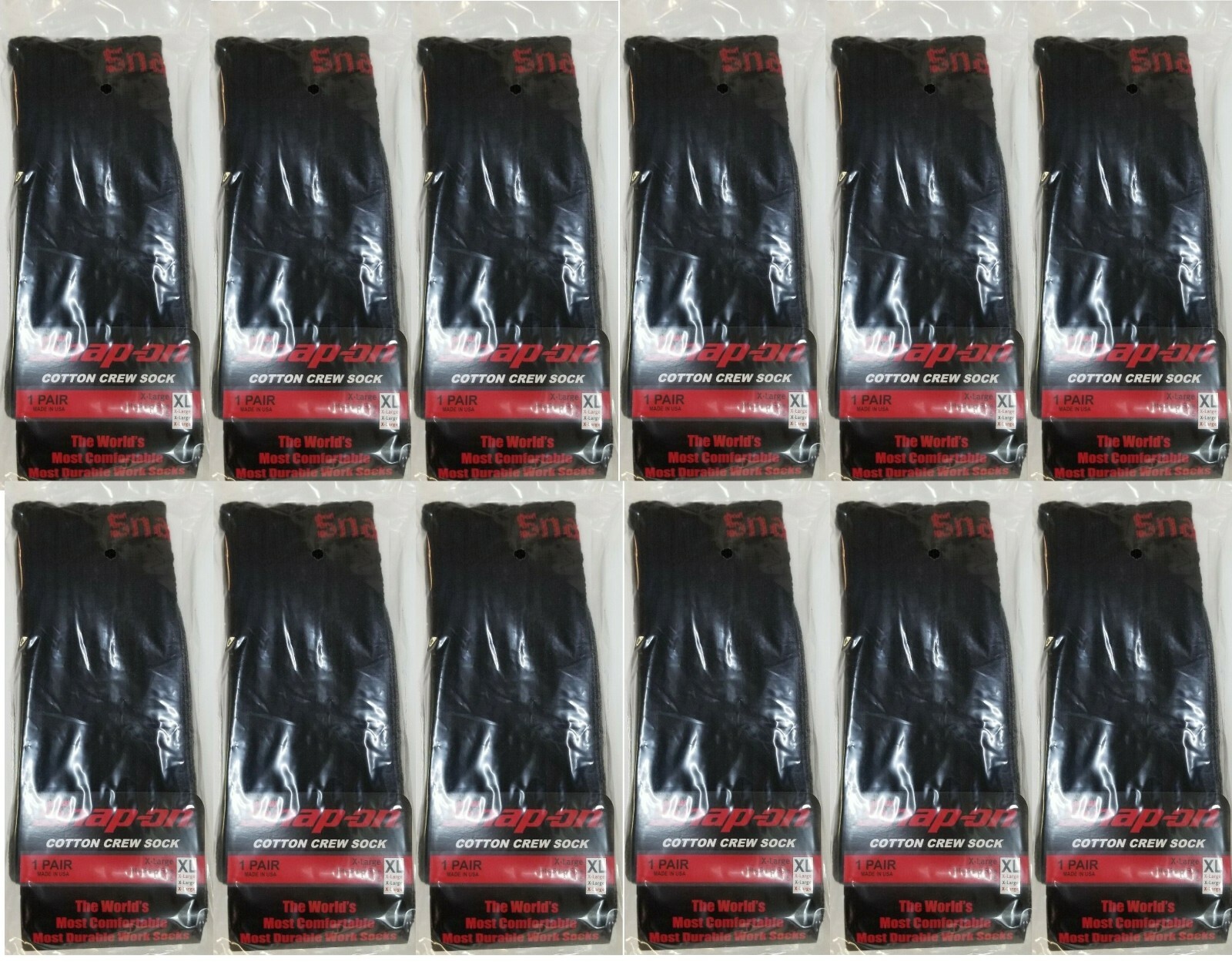 12 PAIRS Men\'s BLACK Snap-On Crew Socks X-LARGE *FREE SHIPPING* MADE IN USA *NEW
