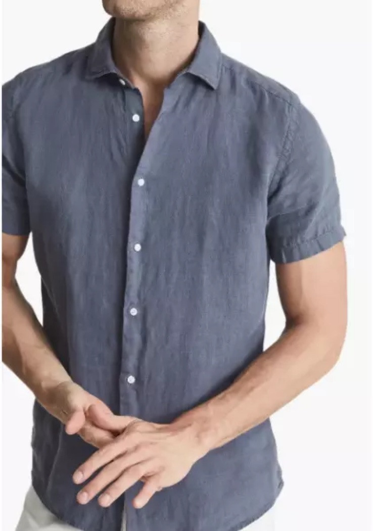 Reiss Linen Button-up Shirt Size XXL in Steel Blue Summer Short Sleeves
