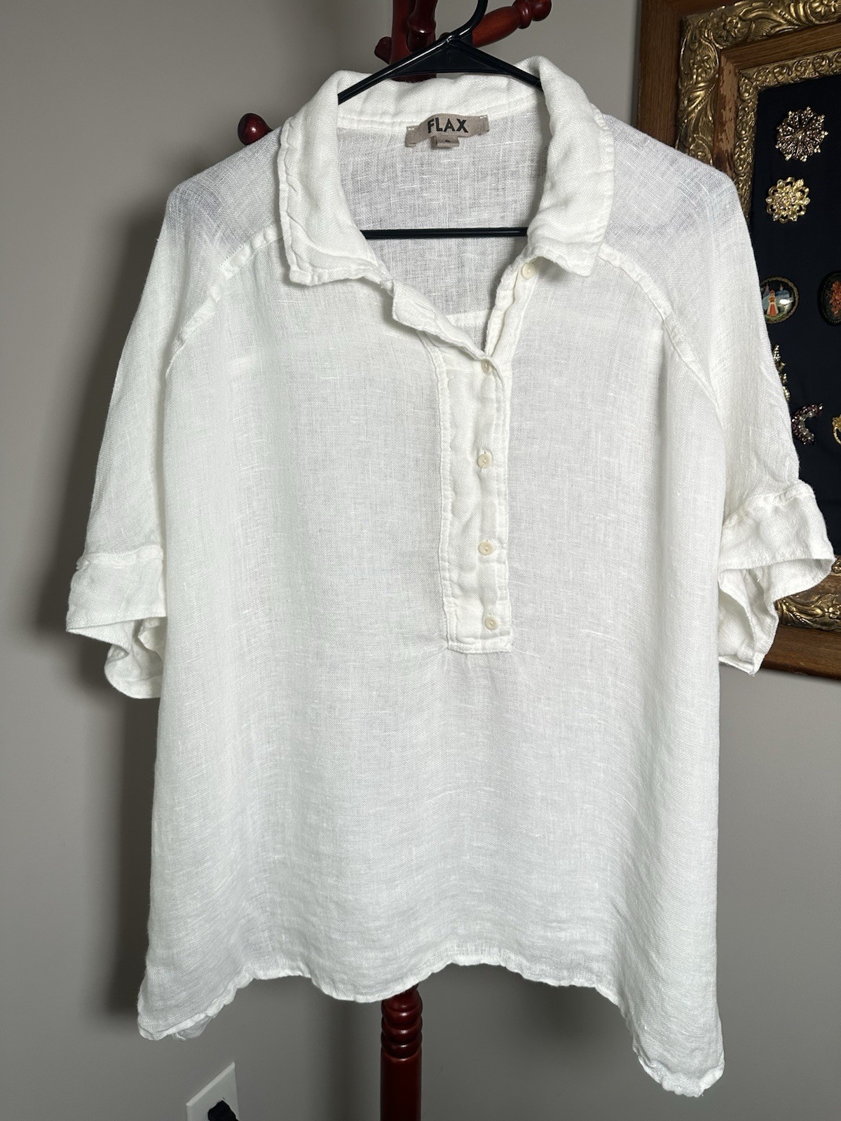 FLAX White 100% Linen  Popover Blouse Top Shirt Lagenlook Women\'s Sz S