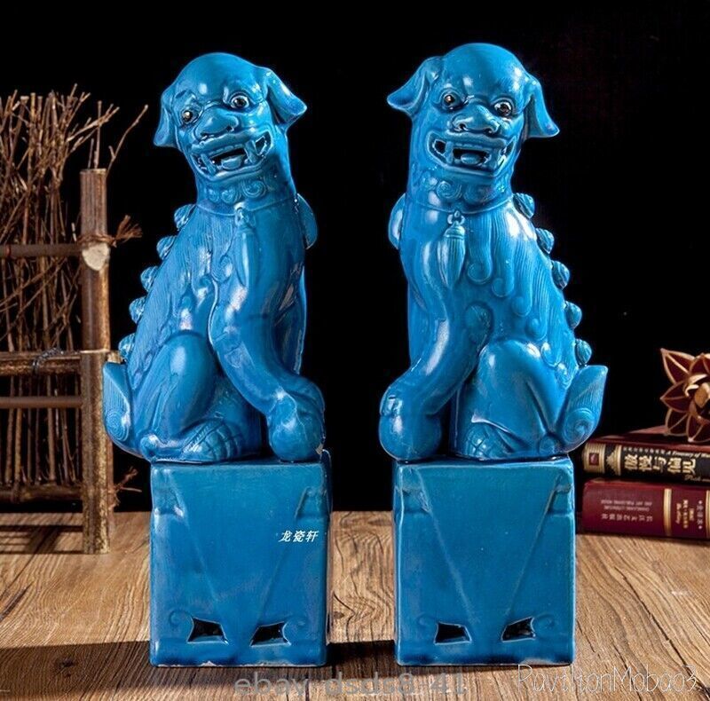 Pair Jingdezhen Blue White Porcelain Foo Fu Dog Lion Statue Guardion Lion Decor