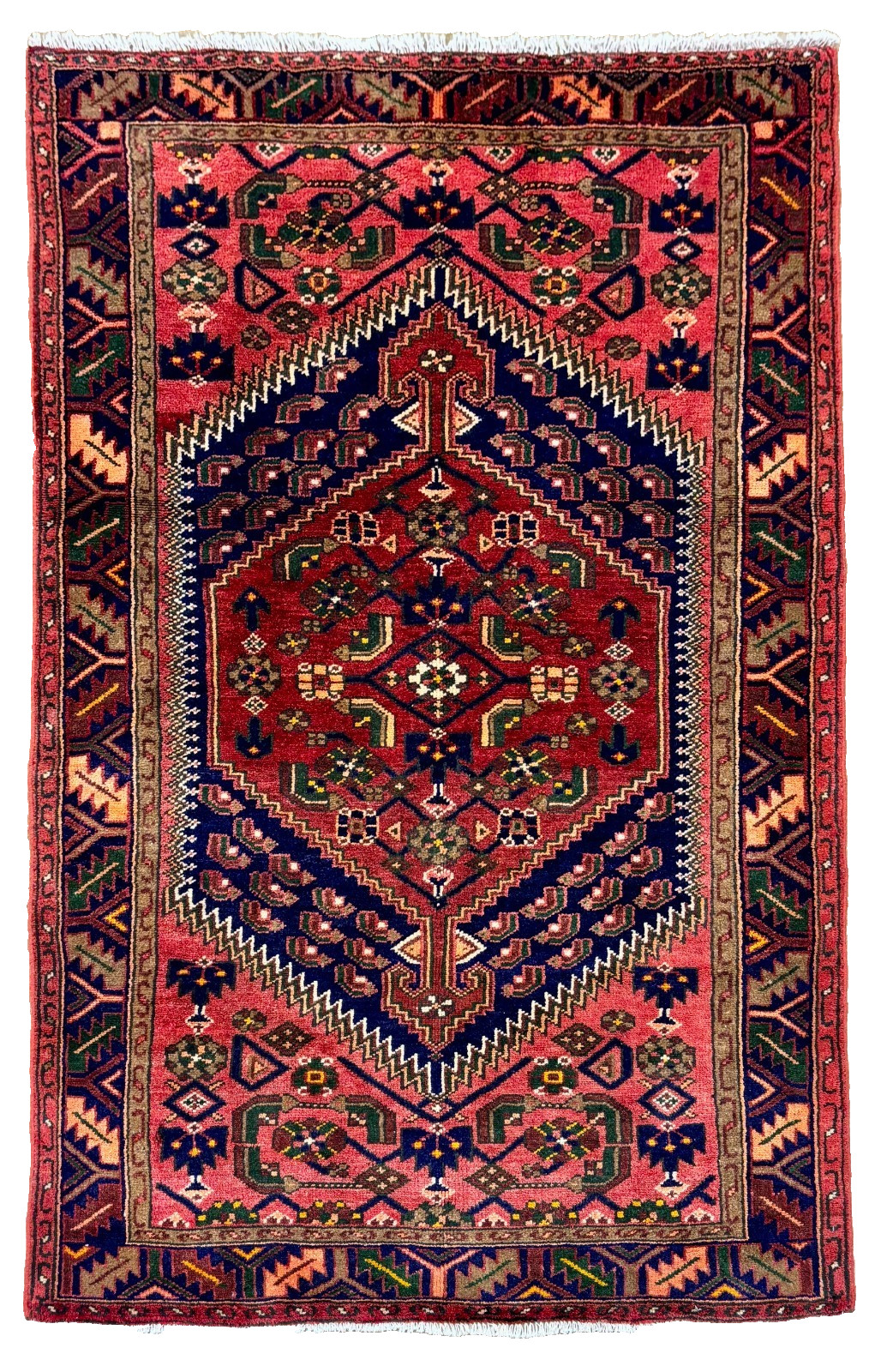 Vintage Zanjan Tribal Geometric Hand Knotted Wool Oriental Area Rug 4x7 Navy Red
