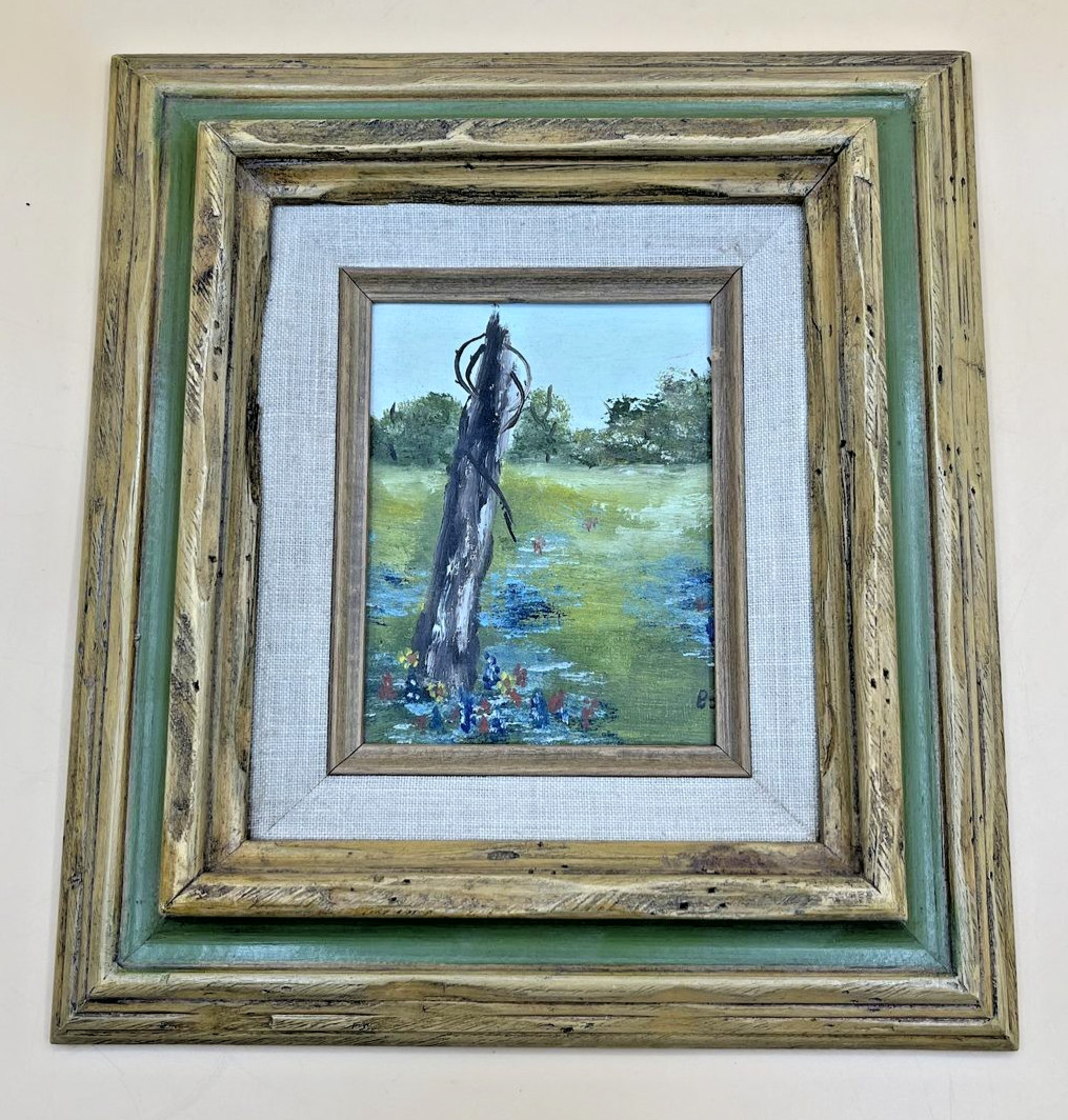 Original Oil Painting Wildflower Field Landscape Signed BJ Framed Small Art 8x9