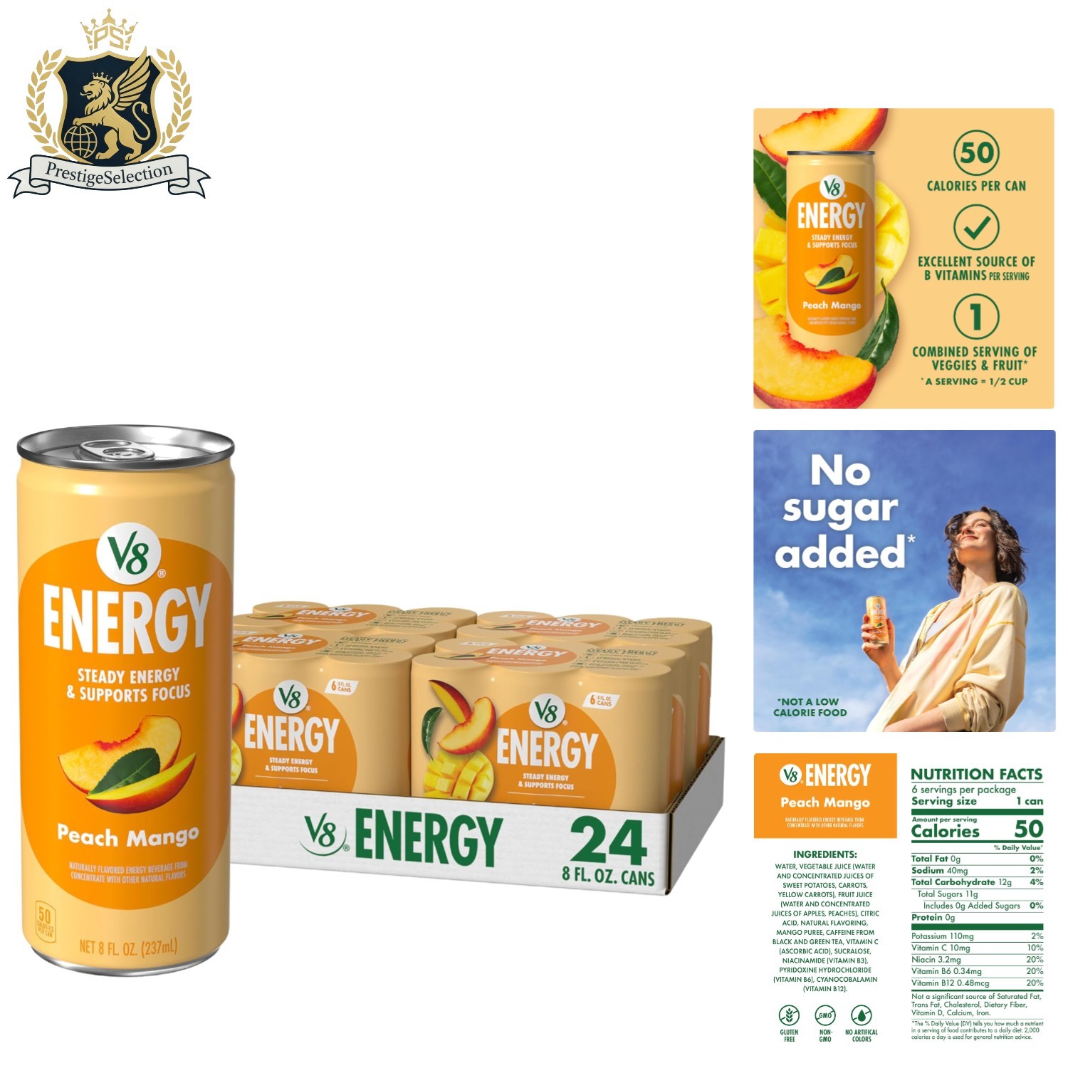 24-Pack Peach Mango Energy Drink - Non-GMO, 8 oz Cans - Deliciously Energizing