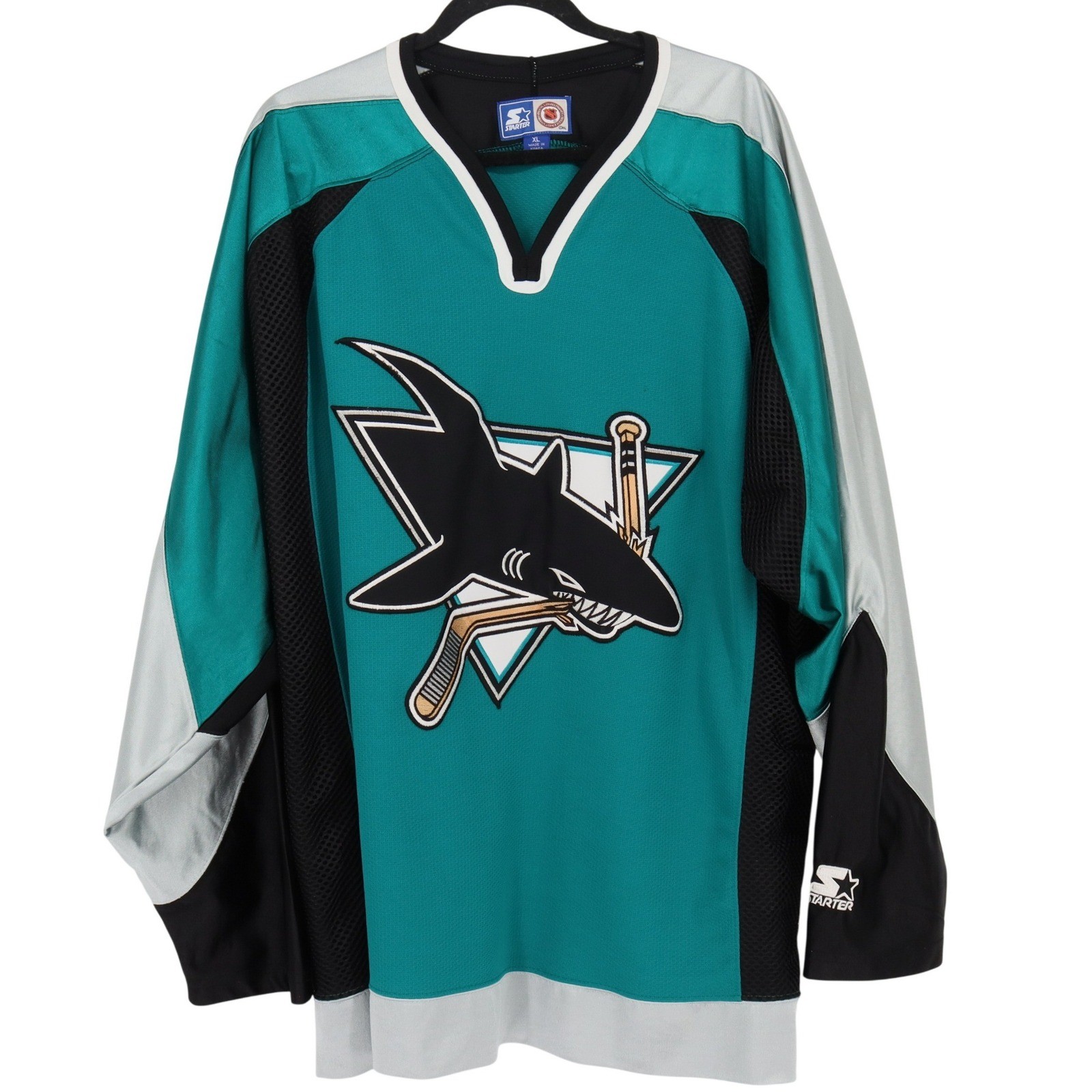 Vintage Starter San Jose Sharks NHL Hockey Jersey Mens Size XL Teal Black Silver
