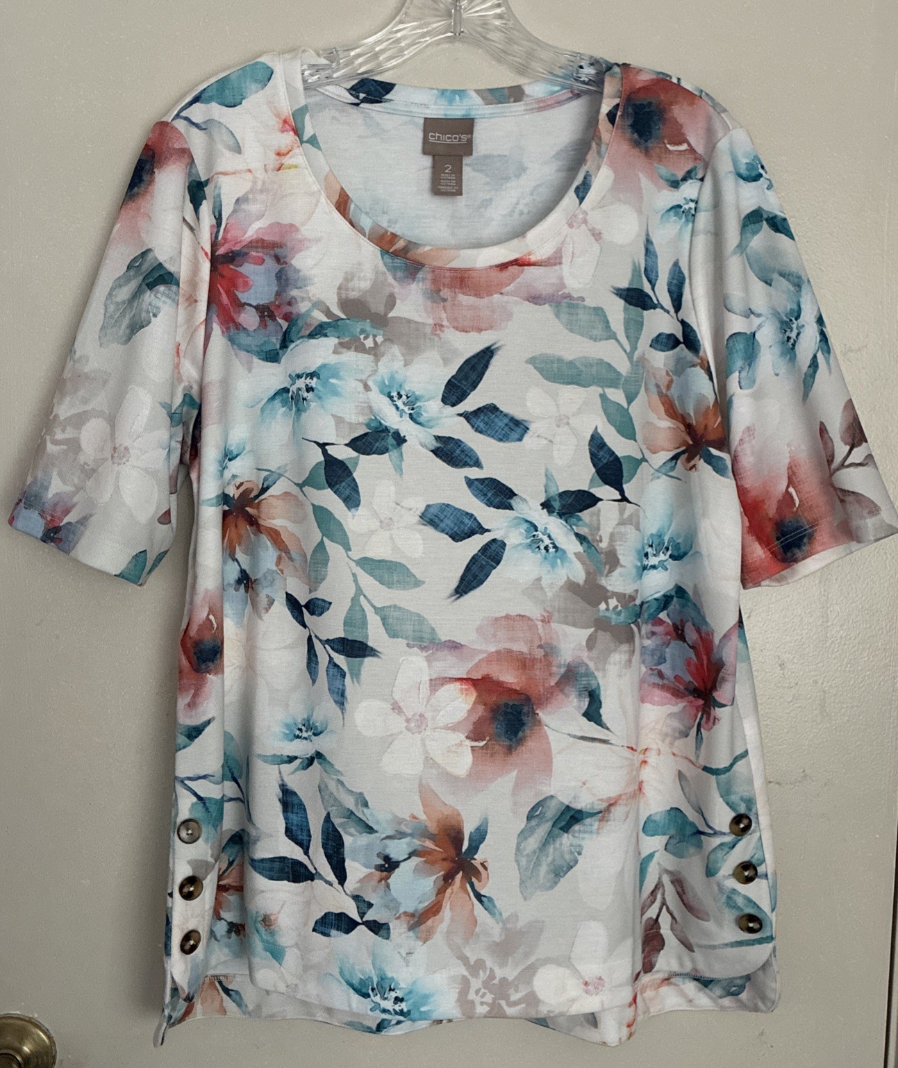 Chico’s 2 Women (L) Multicolor Floral Short SL Polyester Tunic Chico’s 2 Women (L) Multicolor Floral Short SL Polyester Tunic