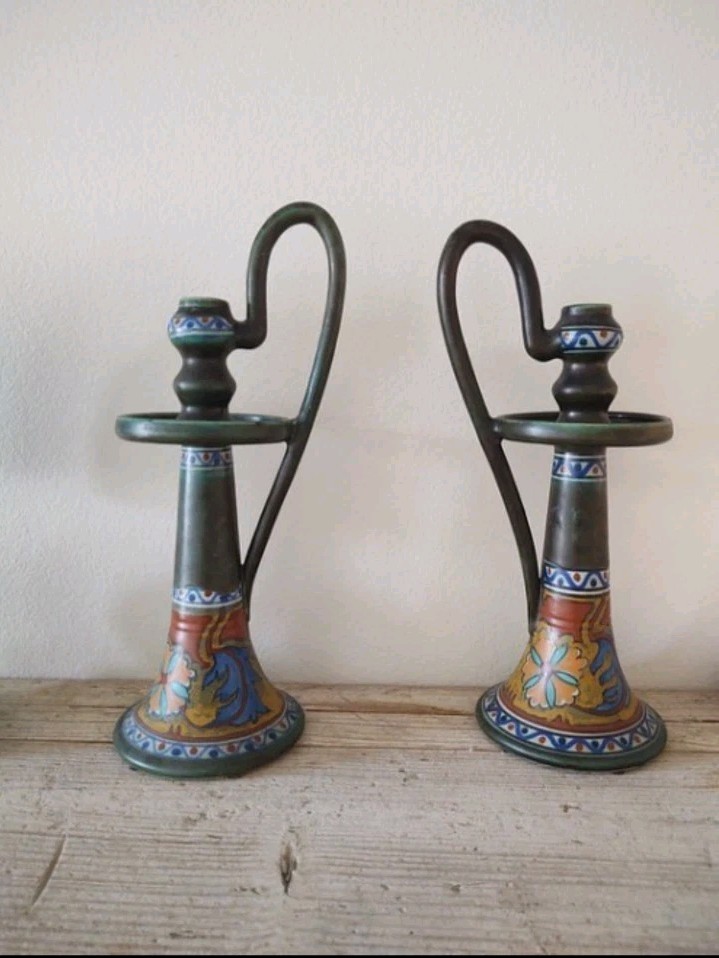 Pair PZH Candle Holders Art Nouveau Dutch Early 20thC Anjer 14\