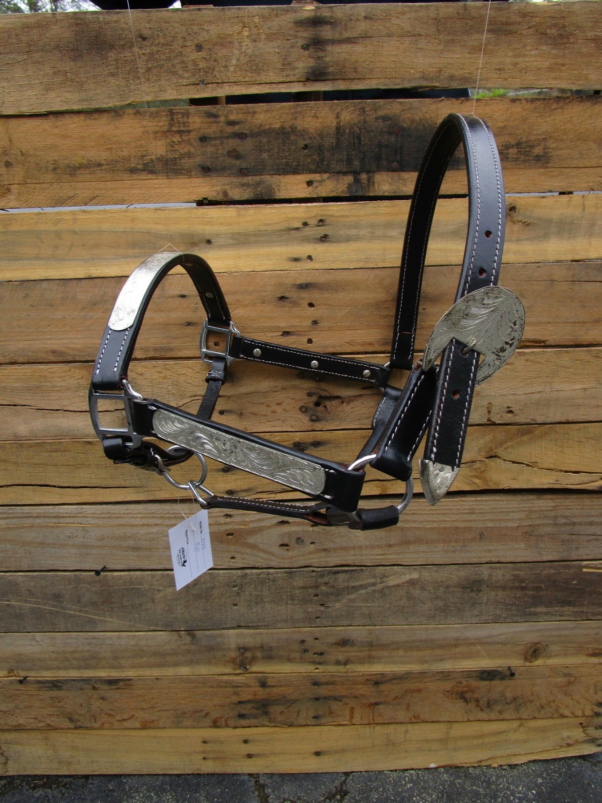 BLACK LEATHER HORSE HALTER 1 IN DOUBLE STITCHED ROLLED THROAT WESTERN SILVER