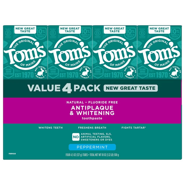 4PK. Tom\'s of Maine Fluoride-Free Antiplaque & Whitening Toothpaste Peppermint