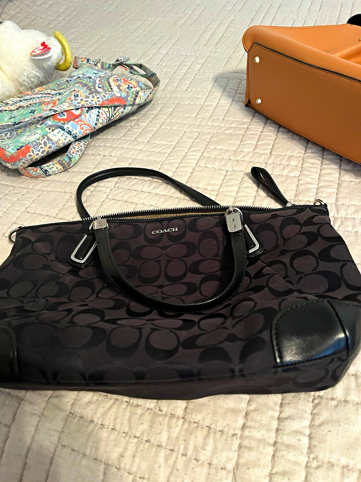 Coach Signature Logo Black/Gray Satchel Top Handle Zip Top Silver Hardware