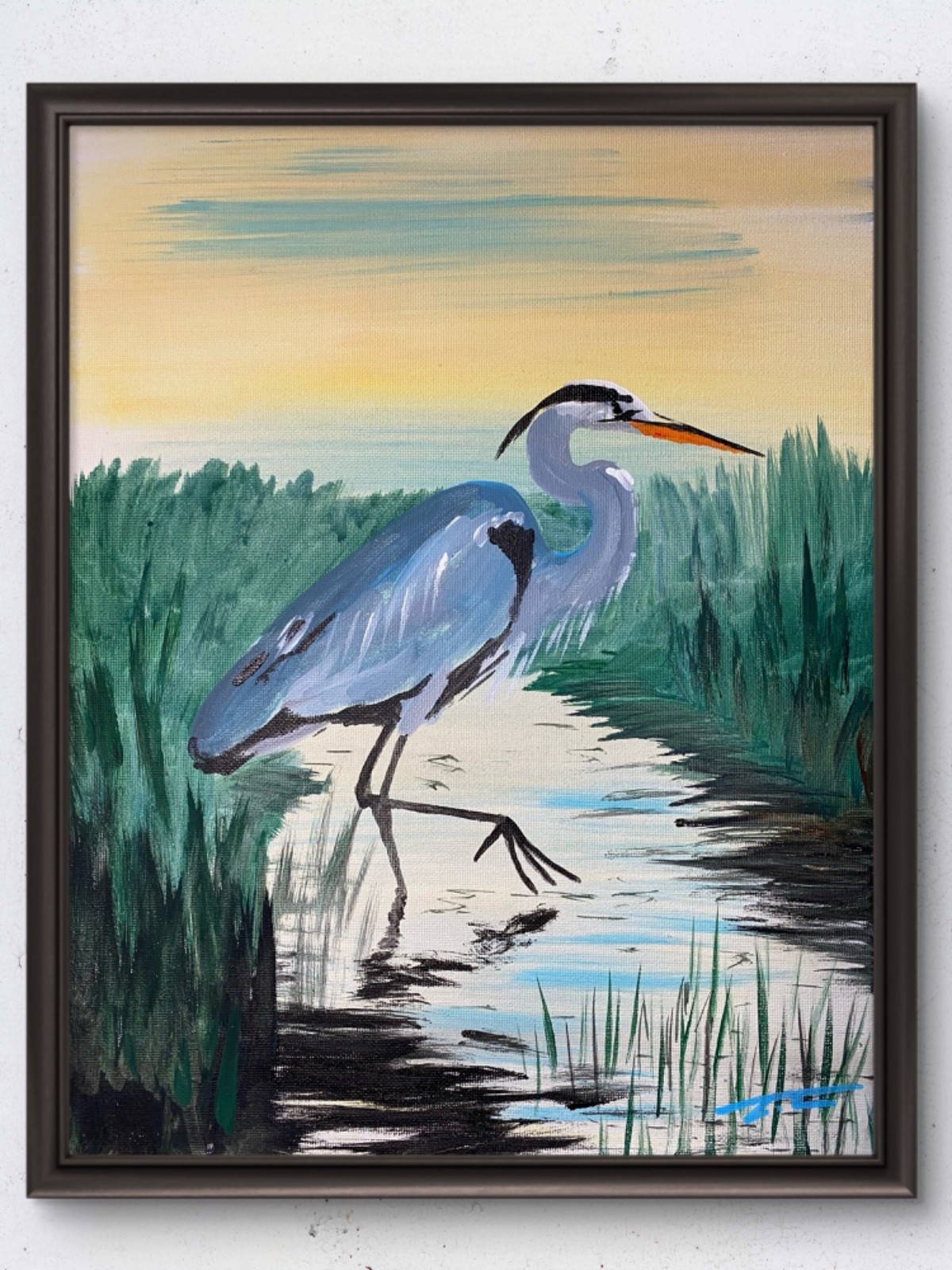Blue Heron Egret Sunrise Wetlands Acrylic Original Art 14x11 Canvas