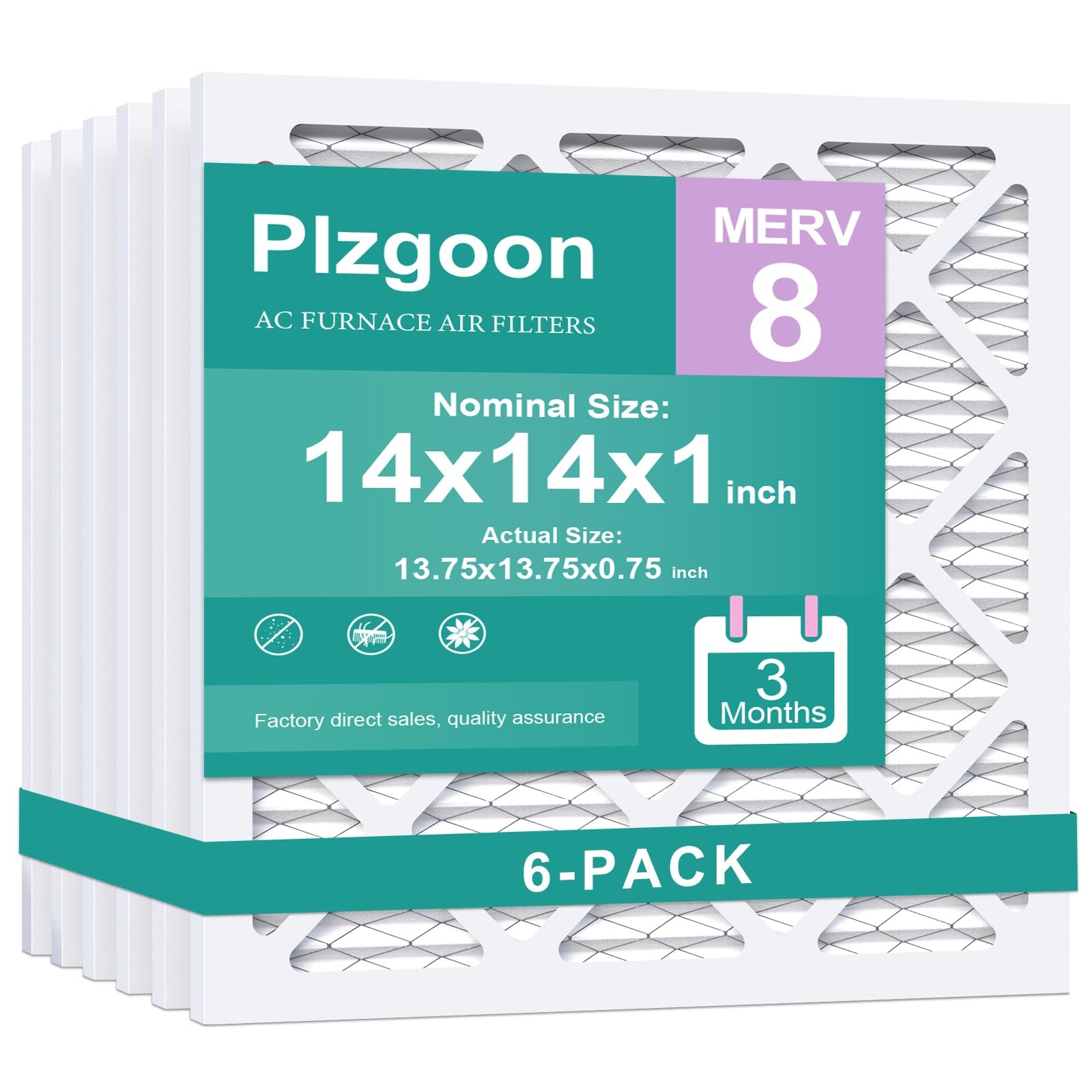 14x14x1 Air Filter MERV 8 Pleated, 6-Pack for AC & Furnace, MPR 600