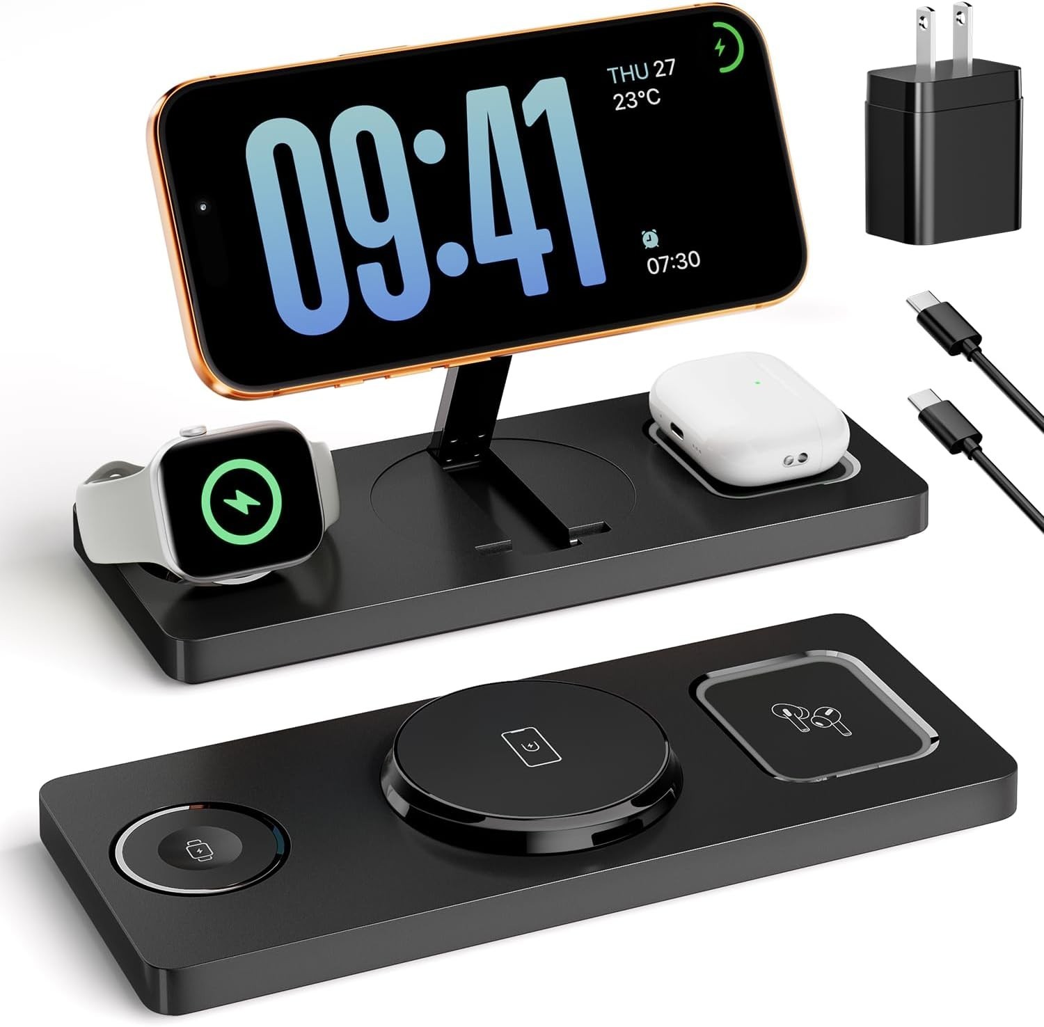 Foldable 3 in 1 Charging Station for Magsafe, Phone and Watch Charger Stand for 