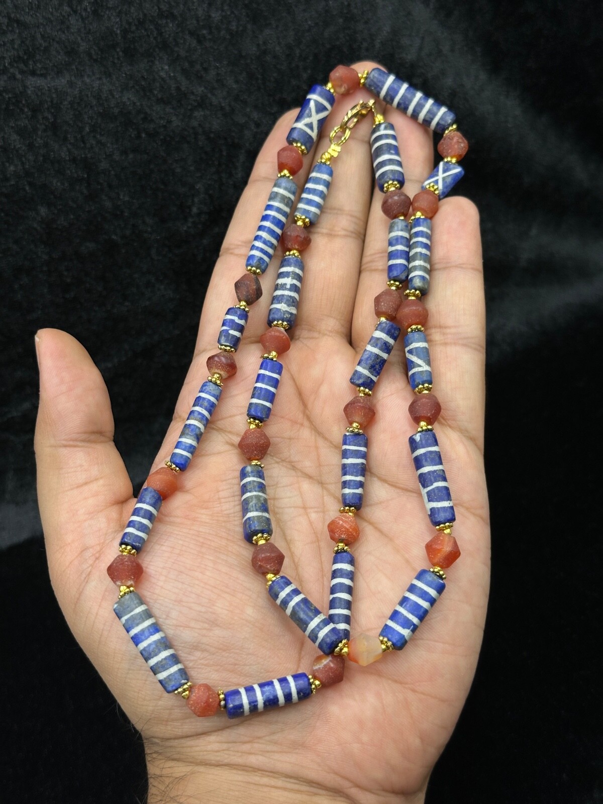 Rare Genuine Antique Etched Lapis Pyu Culture & Carnelian Stone Beaded Necklace