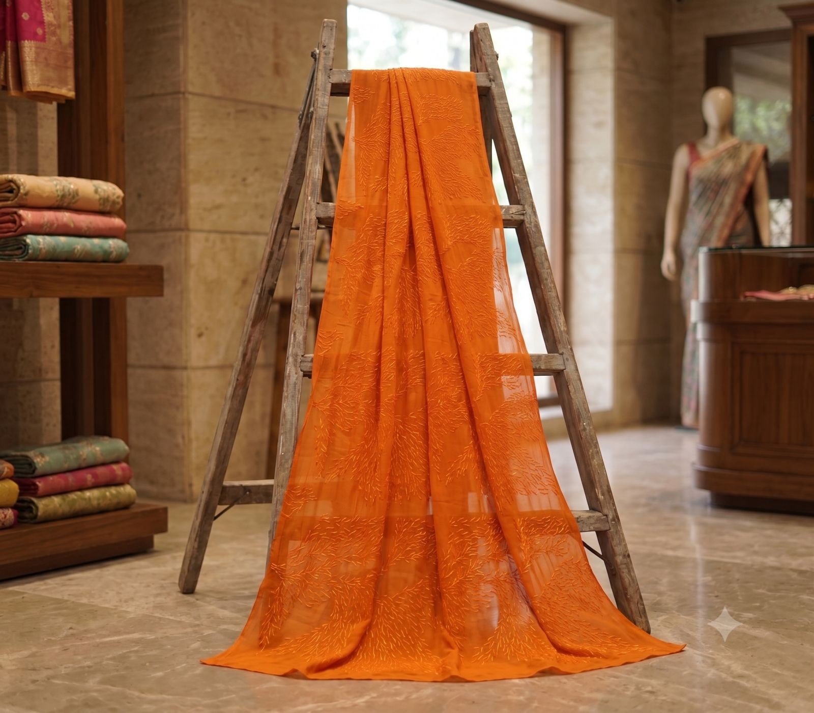Sanskriti Vintage Saree Orange Chiffon Hand Beaded Indian Craft Fabric 6 Yd Sari